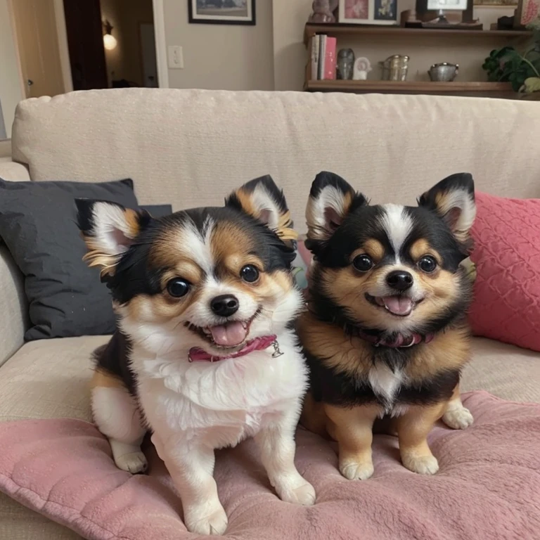 3223477071 two small Dogs Pomeranian on a couch with a pillow and a pillow, a Romain Brook pastel, reddit, pop art, Pomeranian mix, two Dogs, cute, high-quality upload, cuddly!!! , Dogs, beautiful, they're very serious, both smiling at the camera, cute, cute faces,