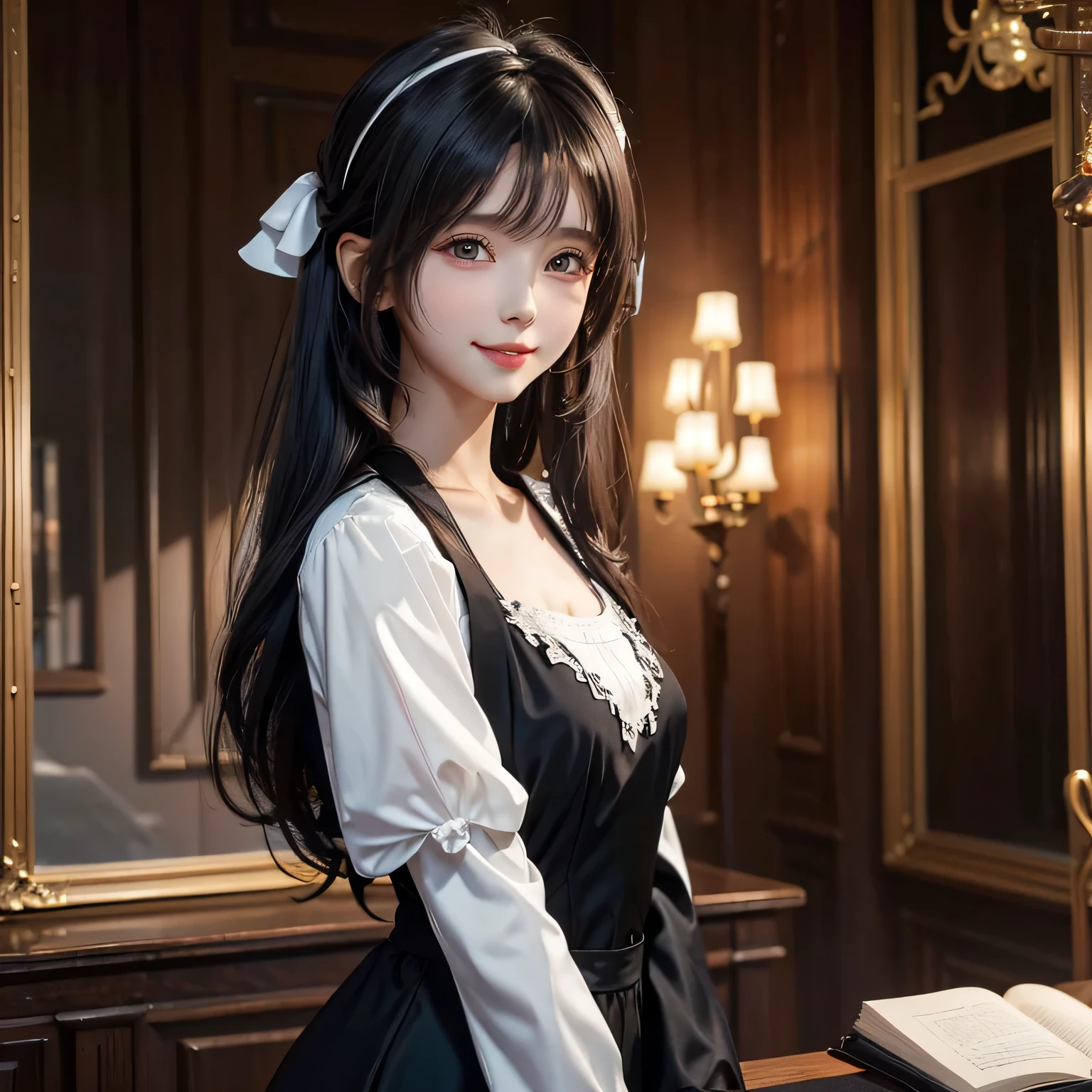 {Masterpiece, highest quality, 8k resolution, Ultra fine}, Medium-long black hair, M-shaped bangs, Inward curl、Baby Face, White blouse, Black Dress, Red headband in hair, Small breasts、Big red ribbon in the back hair、smile, happiness、Wing hair ornament、White blouse、Black clothes、Noble daughter、Upper Body、looking at the camera