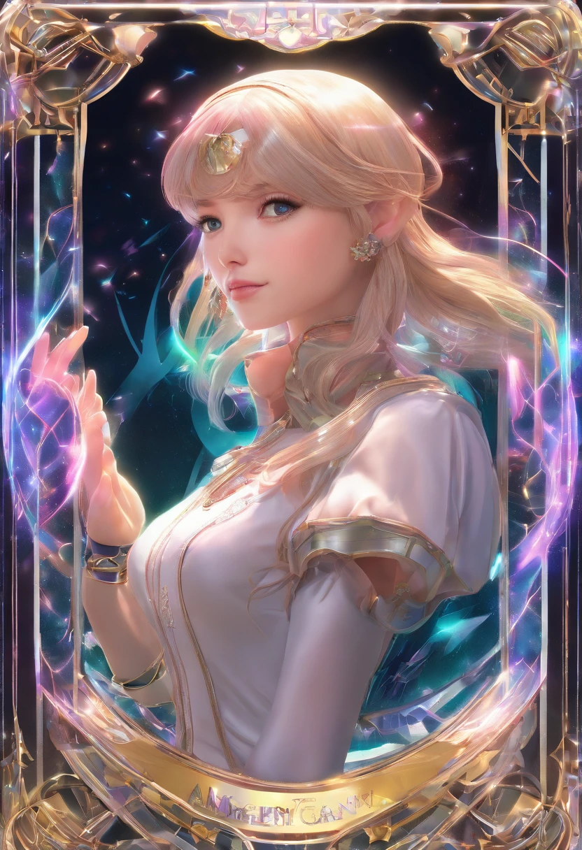 card game style, A high-quality hologram trading card depicting an anime-style girl, with glitter, mother-of-pearl, and a black background around the card, clear coloring, and colorful