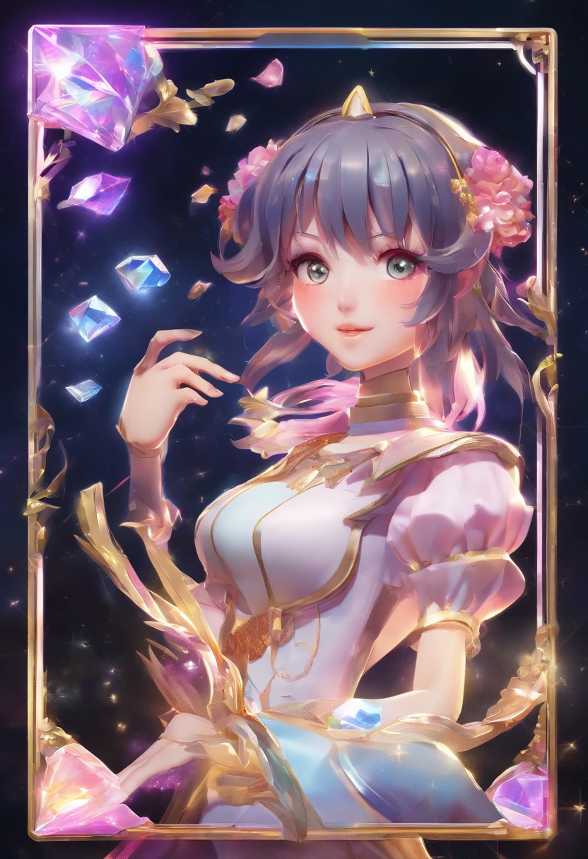 card game style, A high-quality hologram trading card depicting an anime-style girl, with glitter, mother-of-pearl, and a black background around the card, clear coloring, and colorful