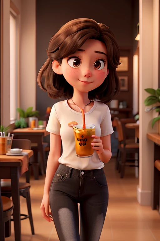 Young white woman with medium dark brown hair. brown eyes Wearing jeans and a black shirt, drinking Thai tea.