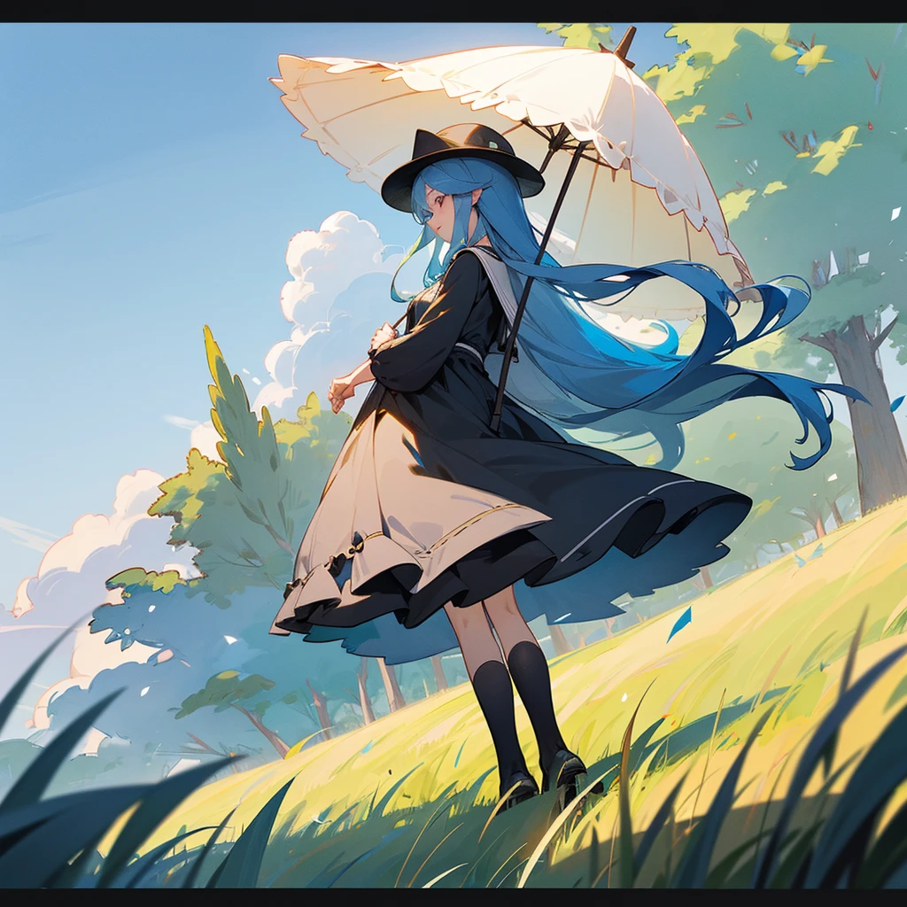 Background cylindrical tower、Hat Large straw hat、Women with long hair、Put your hand on your hat、The wind is blowing and the grass is swaying、Clothing dress、Blue Hair、Over quality、Super cute、Fluffy clothes、Black clothes、Have a parasol