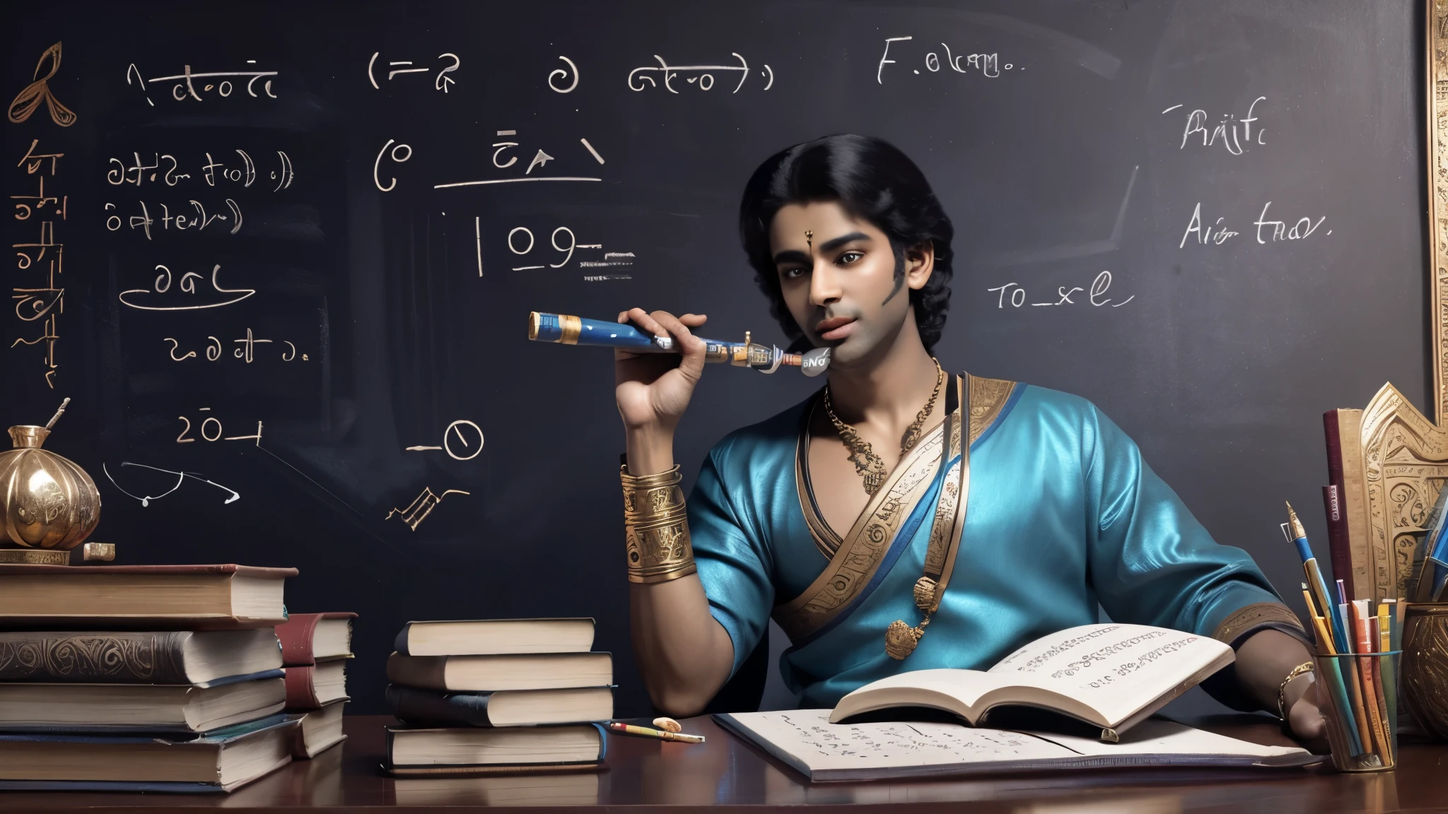 An artistic depiction of Lord Krishna playing his flute, surrounded by books, pens, and a chalkboard with mathematical equations in the background.