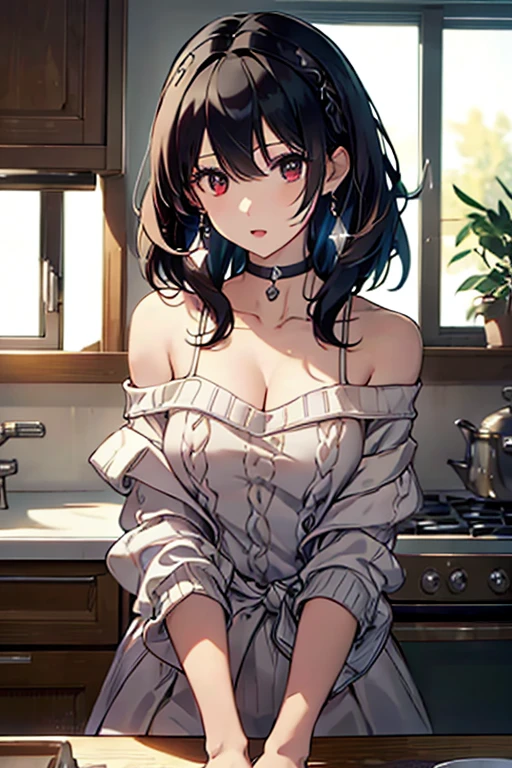 masterpiece, yor, 1girl, Amazing Cleavage:1.3, thin waist, big ass, Raised sexy, medium breast: 1.3 posed cleavage:1.2、solo, looking at viewer, open mouth, have a cup of coffee,black hair, red eyes, dress, bare shoulders, jewelry, collarbone, sidelocks, hairband, earrings, indoors, off shoulder, :o, sweater, arms behind back, plant, short hair with long locks, white hairband, off-shoulder dress, sweater dress, off-shoulder sweater, red sweater, big side hair, very long side hair,is rendered in (masterpiece: 1.2, best quality), with (ultra high resolution) and an exquisite (depth of field). This masterpiece is not only visually stunning but also tells, make of cake cooking ,in the kitchen
