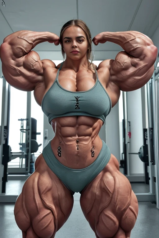 Um cara (fisiculturista)(seio falso extremamente grandes)(huge biceps)(pernas enormes)(sensual)(bonita)(pele escura)