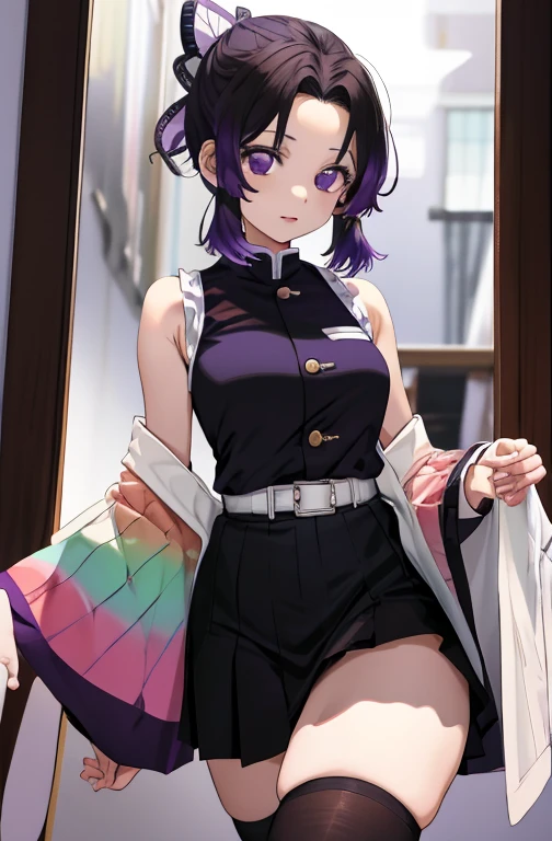 Kochou Shinobu, 1girl,masterpiece, multicolored hair,sleeveless, purple eyes, black jacket,black skirt,uniform, white haori, , highest quality thick thighs, highest quality, high resolution, undressing , bedroom 