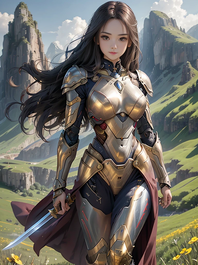 超A high resolution、An ultra-high picture quality、8K、Detailed details、marvelous expression、girl of steel、Cyborg girl、slender physique、long curly brown hair、wears golden metal armor、With a big sword、Run briskly、Rin々Smile、mountain meadow landscape