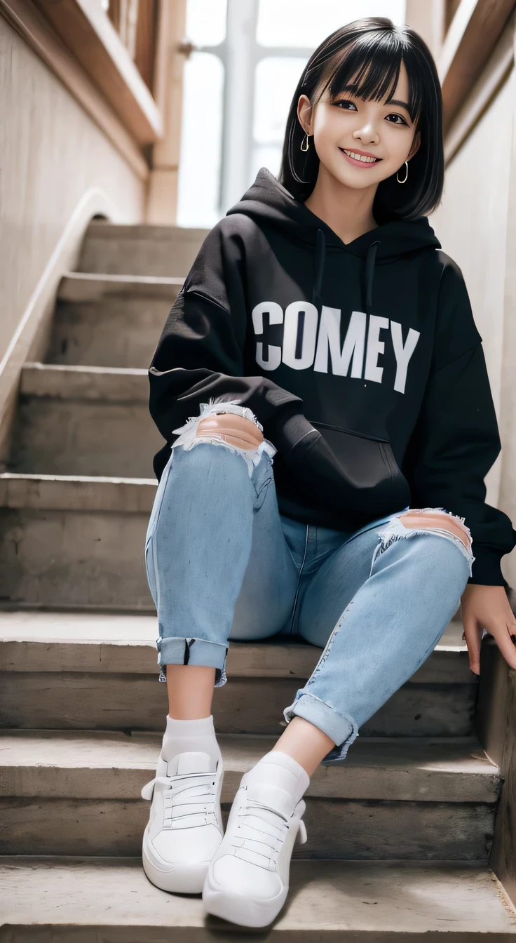highest quality, Realistic, Very detailed, Finer details, High resolution, 8k wallpaper, One beautiful woman,Sit on the stairs、 Oversized hoodie, Skinny jeans, White sneakers、Putting on socks、Black Hair、 Beautiful Bangs、ear piercing、smile、Beautiful teeth alignment、Perfect dynamic composition, Beautiful and detailed, Full Body Shot, A big smile
