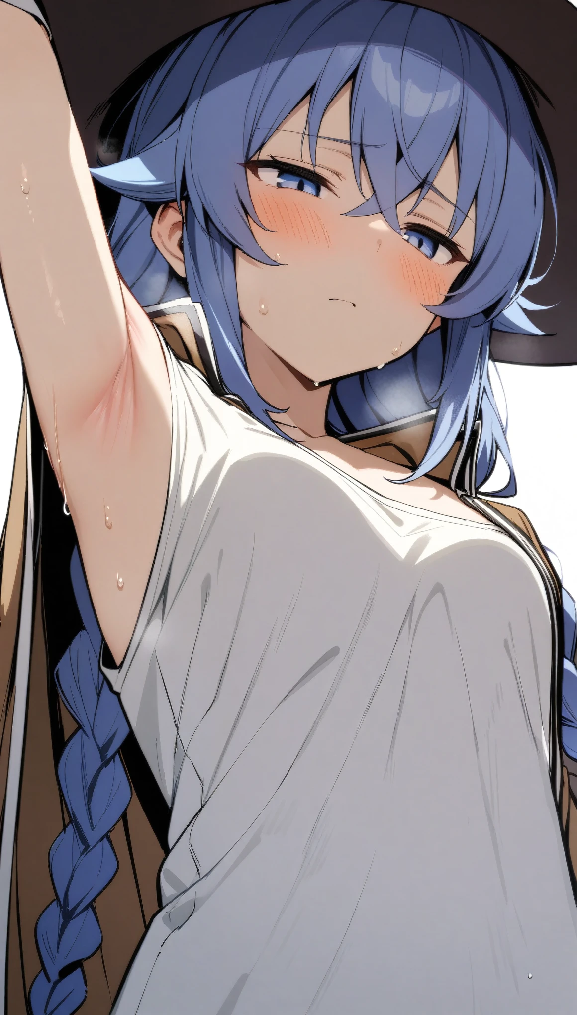 (masterpiece:1.2), hyper detail, best quality, (intricate_details:1.1), beautiful detailed, beautiful hair, solo,1girl,solo,roxy migurdia, witch hat, twin blue braids,brown cape, shirt,((shirt half off shoulder)),shoulder,upper body,hand holding cape, sweating,heavy breathing,steam,blush,((open cape)),greasy shoulder,half-closed eyes,((from below)),looking down,flipped hair,armpit,greasy armpit, shoulder focus,