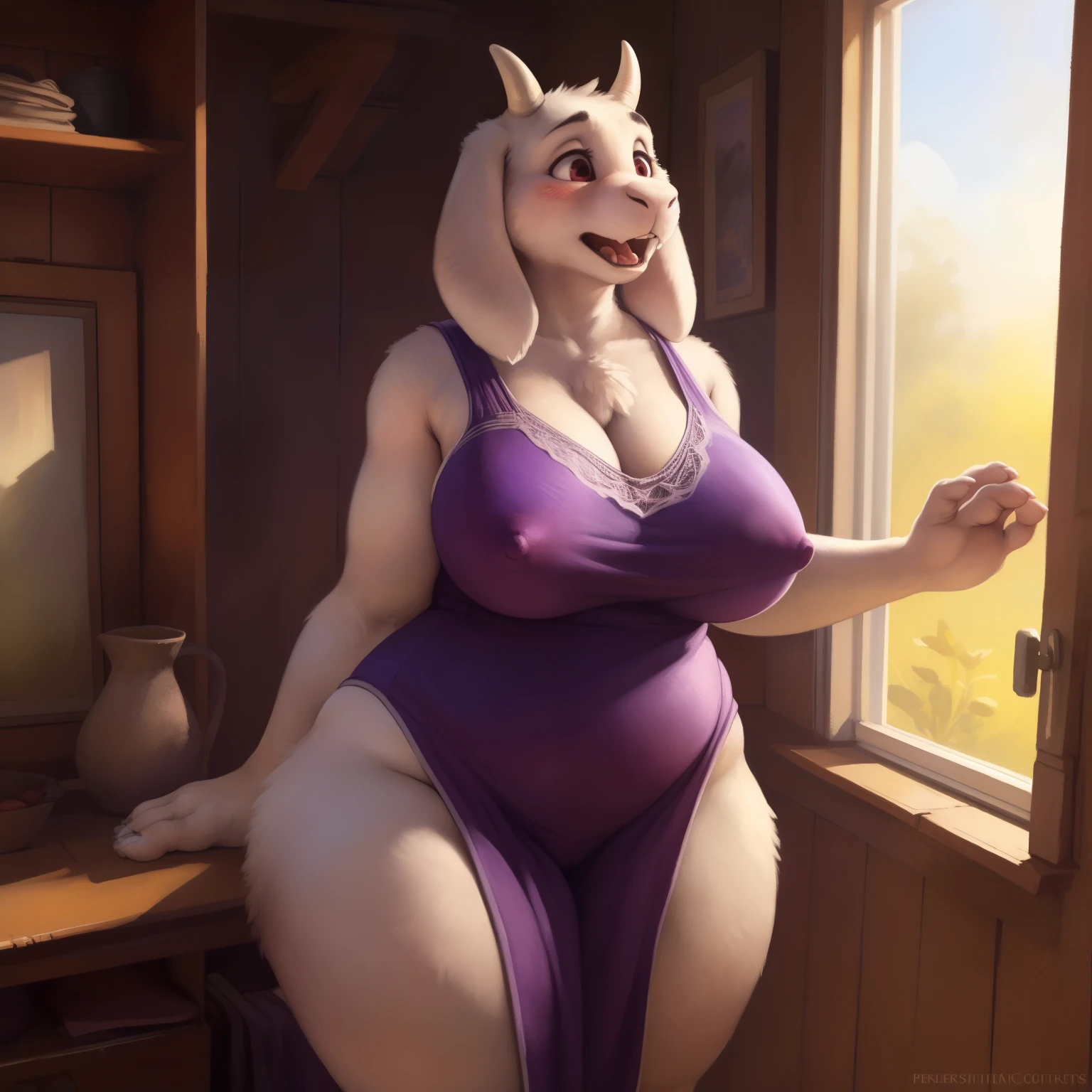 [toriel], [Undertale], [Uploaded to e621.net; (Pixelsketcher), (wamudraws), (woolrool)], ((masterpiece)), ((HD)), ((high quality)), ((solo portrait)), (big behind), ((butt visible)), ((feet visible)), ((furry; anthro)), ((detailed fur)), ((detailed shading)), ((beautiful render art)), ((intricate details)), beautiful, (cute),  mature, {anthro goat; white fur, white nose, (cute maroon eyes), (short eyelashes), (short horn), short fluffy tail, (big booty), (gorgeous wide hips), (thick thighs), (kenket), (showing ass), (open mouth, blush), (surprise), (frown)}, {(big tits, big breasts, big boobs), (dress, purple dress:1.2), (big butt), (white rune on chest)}, {(standing)), (free hands), (showing tight dress hugging ass), (looking at viewer)}, [background; (in her room), (nipple outlines under dress), (ambient lighting)], (big ass), (wide hips), (slightly showing thong covered by dress), (thick thighs),  
