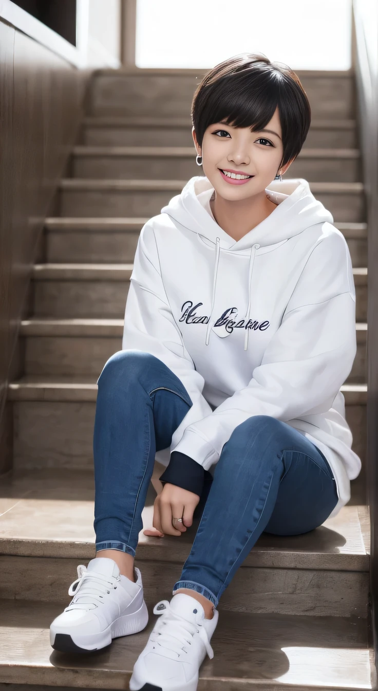 highest quality, Realistic, Very detailed, Finer details, High resolution, 8k wallpaper, One beautiful woman,Sit on the stairs、 Oversized hoodie, Skinny jeans, White sneakers、Black Hair、 Beautiful Bangs、ear piercing、smile、Beautiful teeth alignment、Short Haircut、Perfect dynamic composition, Beautiful and detailed, Full Body Shot, A big smile