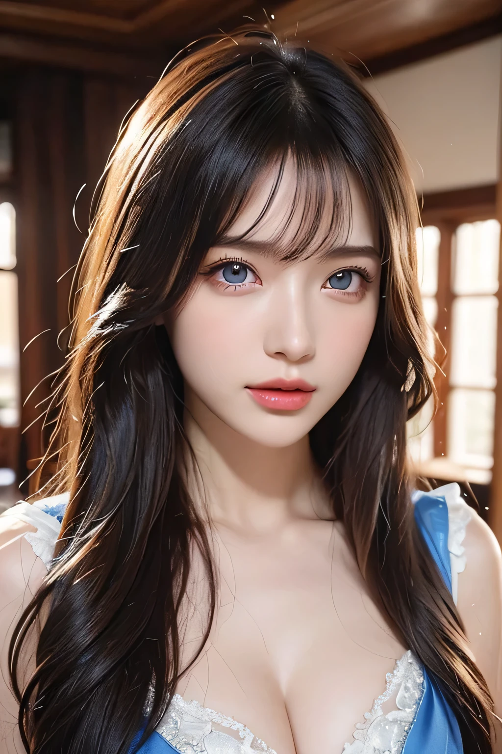 High-quality work，Realistic works，Super premium graphics，8K HD CG works，high quality graphics，High-definition and exquisite CG works，10x pixels，Ultra-fine details：1.1，Advanced technical details：1.1Realistic photo effects，Interior lighting effects：1.5，natural soft light：1.5. Light effect（Virtual light effects：1.8），ultra high resolution，shining dress，sliver long hair，silber hair，transparenthair，high detailed hair（Quality hair details：1.1）Clear eyes，Double eyelids look good，Sharp eye makeup, Create exquisite eyelash makeup, tthin eyebrows, Ultra-detailed eyes，a tall nose, lovely red lips, rosey cheeks, With delicate makeup on her face , pretty face, The face shape is perfectly proportioned,（Advanced facial details：1.1）portlate、Alice in Wonderland、Blue sky、Bright and very beautiful face、Young shiny shiny white shiny skin、Best Looks、Long hair with dazzling highlights、finer hair、beautiful long back hair that is very straight,,,,,,,,,,,,、Super long silky straight hair、Beautiful bangs that shine、Glowing crystal clear big blue eyes、very beautiful nice beautiful girl、White Apron、Black Dress },，Women's artwork，Dress full body video，Realism，Amazing Cleavage，My eyes are very bright today
