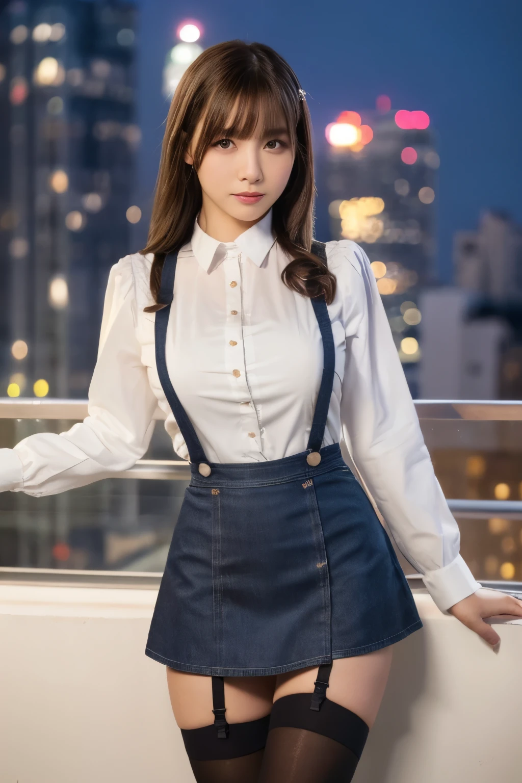 ((Midnight, highest quality, 8k, masterpiece :1.3)), whole body, Long legs, Sharp focus :1.2, Beautiful woman with perfect figure :1.4, Slim Abs :1.1, ((Dark brown hair, Big Breasts :1.2)), (White tight T-shirt, Jean Bib, Are standing:1.2), ((Night city view, rooftop:1.3)), Very detailedな顔と肌の質感, Fine grain, Double eyelids one girl,highest quality,masterpiece,figure,Very delicate and beautiful,CG,Unity,8k wallpaper,wonderful,In detail,masterpiece,Official Art,Very detailed CG Unity 8k wallpaper,Incredibly absurd,Large file size,Very detailedな,High resolution,Very detailed,Beautiful detailed girl,Realistic,from the front,Outdoor, suspenders Large swollen breasts Black mini skirt garter belt Knee-high socks bangs Beauty Hands up Black boots one person Dress shirt Hands Behind Back put your hands behind your back With your hands behind your back Armament holster A room at the Belt Hotel Bed Wall side