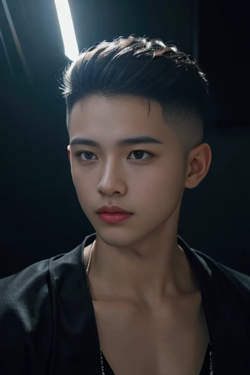 (8k, RAW Photos, highest quality,High resolution, masterpiece: 1.2). (Realistic, Realistic: 1.37),((Light on face:1.2)),((Cinema Lighting:1.2)),(Photorealism:1.4),(Real Image),(Photographic images),20-year-old,((Japanese)),(male:1.3), (High Top Fade:1.4), Dark Theme, Calm tone, Calm colors, High Contrast, (Natural skin texture, Hyperrealism, Soft Light, sharp),(Black suit)