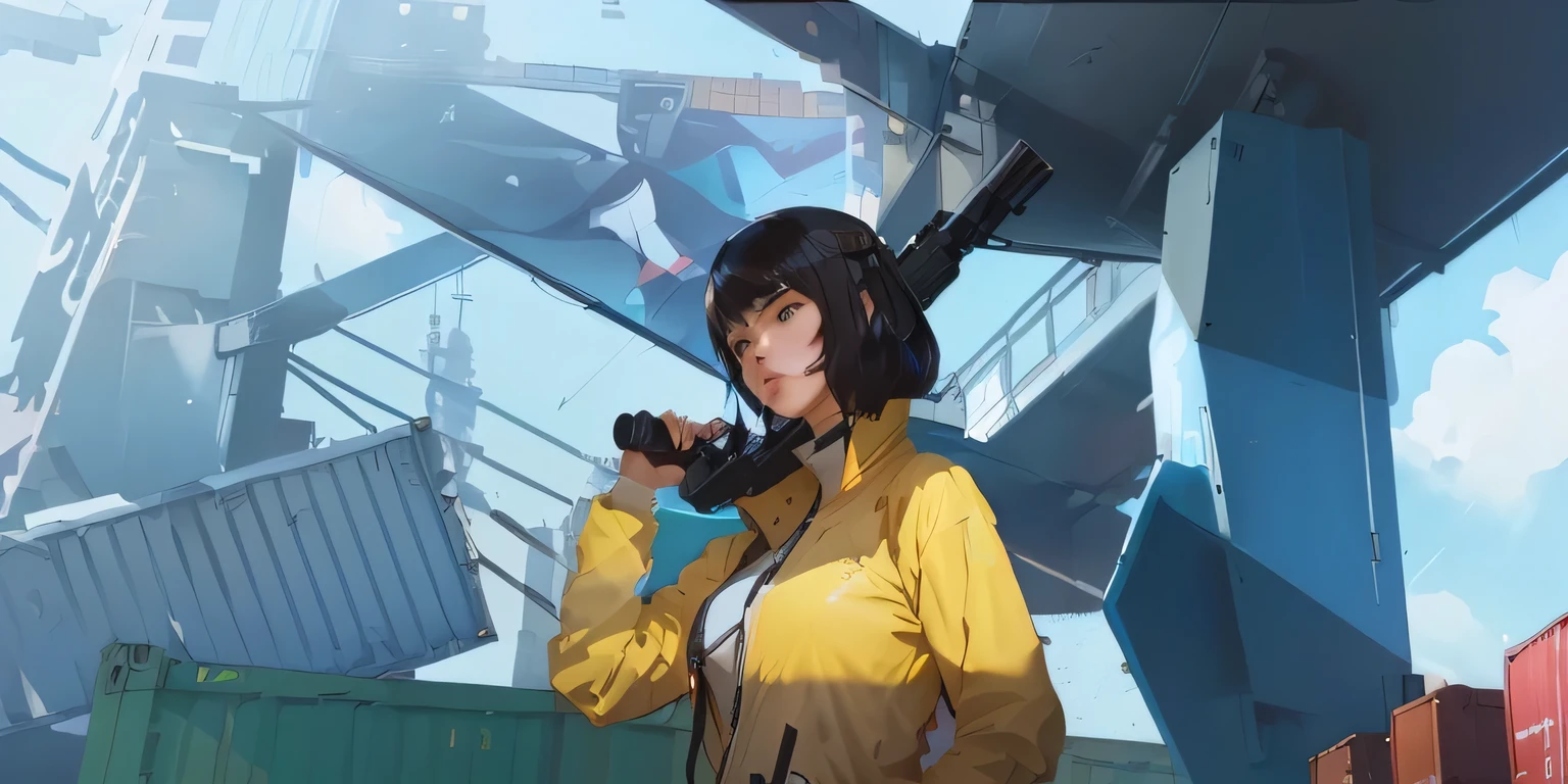 anime - style woman holding a gun and a gun in front of a container, artwork in the style of guweiz, mirrors edge art style, digital cyberpunk anime art, artgerm and atey ghailan, guweiz, in style of atey ghailan, atey ghailan 8 k, guweiz on artstation pixiv