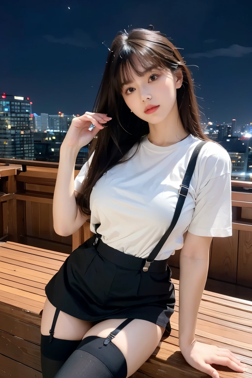 ((Midnight, highest quality, 8k, masterpiece :1.3)), whole body, Long legs, Sharp focus :1.2, Beautiful woman with perfect figure :1.4, Slim Abs :1.1, ((Dark brown hair,  :1.2)), (White tight T-shirt, Jean Bib, Are standing:1.2), ((Night city view, rooftop:1.3)), Very detailedな顔と肌の質感, Fine grain, Double eyelids one girl,highest quality,masterpiece,figure,Very delicate and beautiful,CG,Unity,8k wallpaper,wonderful,In detail,masterpiece,Official Art,Very detailed CG Unity 8k wallpaper,Incredibly absurd,Large file size,Very detailedな,High resolution,Very detailed,Beautiful detailed girl,Realistic,from the front,Outdoor,　suspenders　　　Large swollen breasts　　 　ack mini skirt　garter belt　Knee-high socks　　　　　　　bangs 　　　　　Beauty　　Hands up　　 　　Black boots 　　　　one person 　　　Dress shirt　　　Hands Behind Back　put your hands behind your back　　With your hands behind your back　Armament　holster　　A room at the Belt Hotel　Bed　Wall side