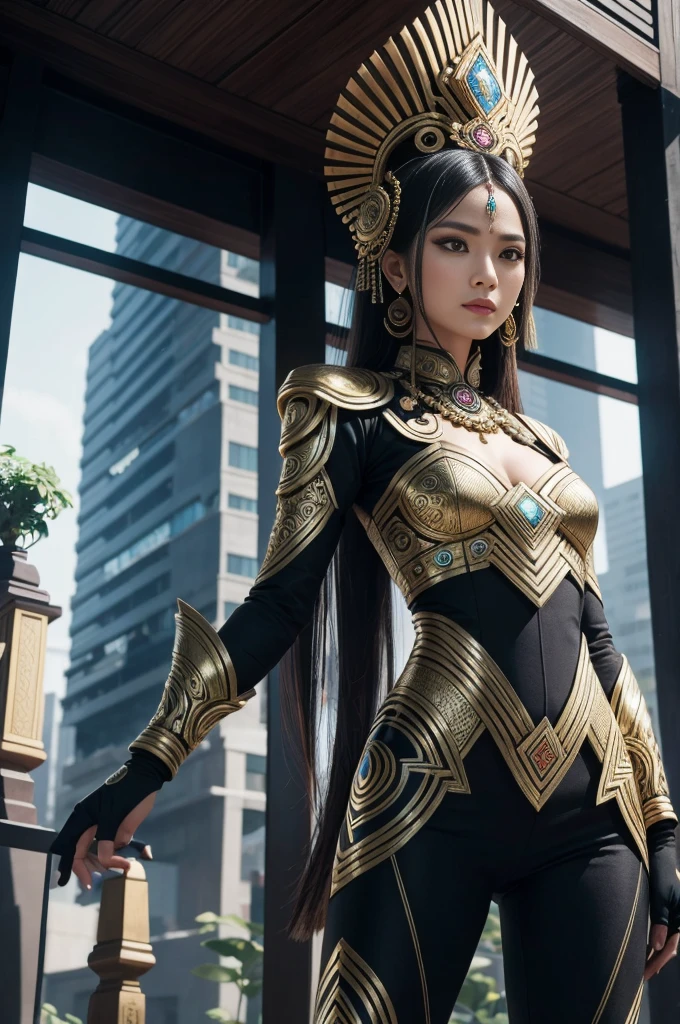 An Indonesian-styled futuristic suit worn by a girl depicting cultural fusion and modern fashion. The suit is adorned with intricate patterns and vibrant colors, showcasing the rich heritage of Indonesia. The girl stands confidently in a dynamic pose, with her detailed eyes reflecting determination and curiosity. The suit's material is a combination of traditional textiles and futuristic synthetic fabrics, giving it a unique and avant-garde appearance. The overall image quality is of the highest standard, with sharp focus and ultra-detailed rendering. The artwork employs physically-based rendering techniques, resulting in realistic lighting and shadows. The colors are vivid and vibrant, capturing the essence of Indonesian cultural aesthetics. The background features a fusion of modern architecture and traditional elements, creating a harmonious blend of the past and the future. The prompt explores the intersection of Indonesian culture, futuristic design, and the artistic representation of a confident girl.