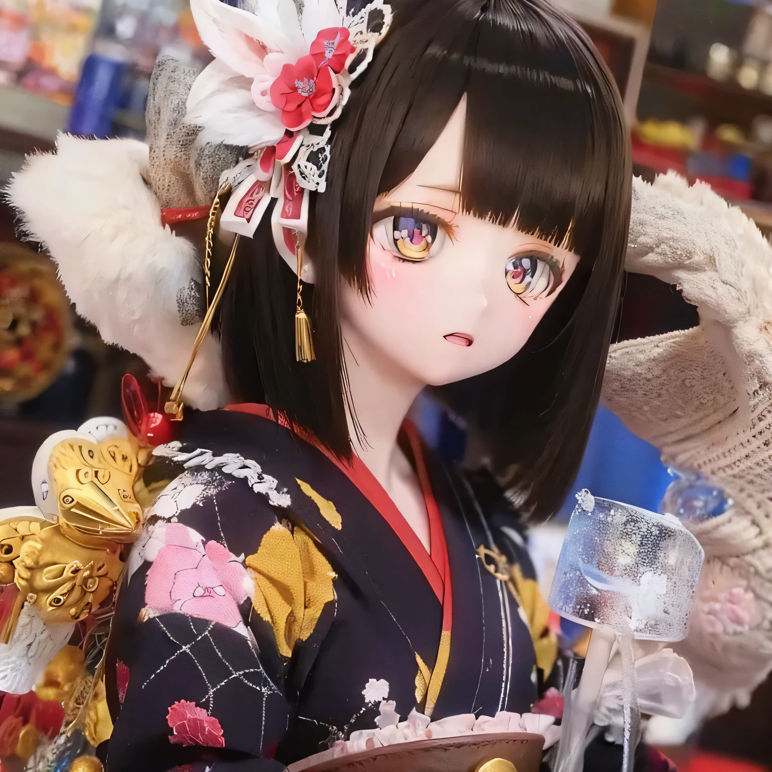 (best quality,highres,masterpiece:1.2),ultra-detailed,realistic,(Mio wearing a kimono,beautiful detailed eyes,beautiful detailed lips,extremely detailed eyes and face,longeyelashes),traditional Japanese,geisha,hairpin,delicate embroidery,flower pattern,flowing sleeves,harmonious colors,soft lighting