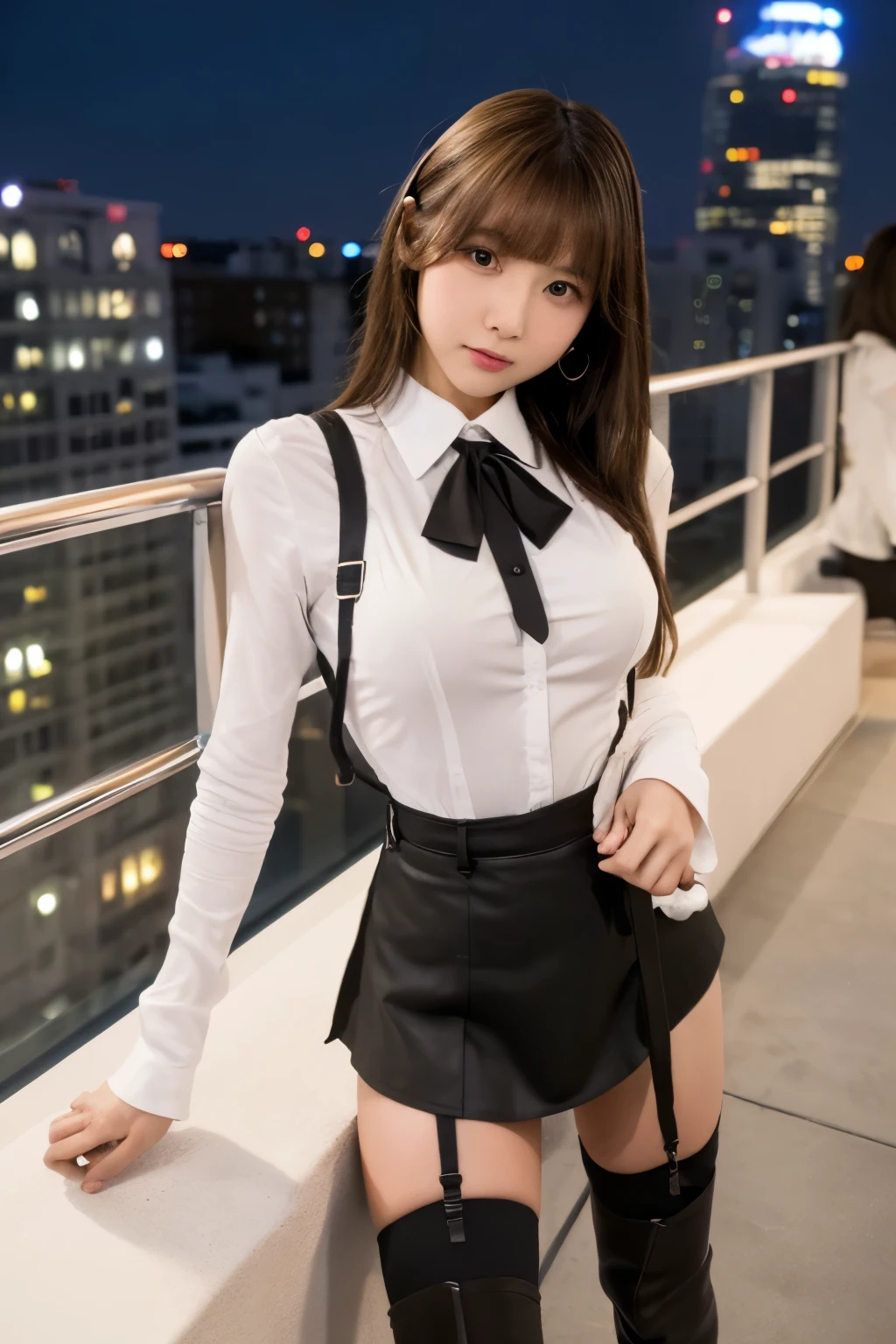 ((Midnight, highest quality, 8k, masterpiece :1.3)), whole body, Long legs, Sharp focus :1.2, Beautiful woman with perfect figure :1.4, Slim Abs :1.1, ((Dark brown hair, Big Breasts :1.2)), (White tight T-shirt, Jean Bib, Are standing:1.2), ((Night city view, rooftop:1.3)), Very detailedな顔と肌の質感, Fine grain, Double eyelids one girl,highest quality,masterpiece,figure,Very delicate and beautiful,CG,Unity,8k wallpaper,wonderful,In detail,masterpiece,Official Art,Very detailed CG Unity 8k wallpaper,Incredibly absurd,Large file size,Very detailedな,High resolution,Very detailed,Beautiful detailed girl,Realistic,from the front,Outdoor, suspenders Large swollen breasts Black mini skirt garter belt Knee-high socks bangs Beauty Hands up Black boots one person Dress shirt Hands Behind Back put your hands behind your back With your hands behind your back Armament holster A room at the Belt Hotel Bed Wall side