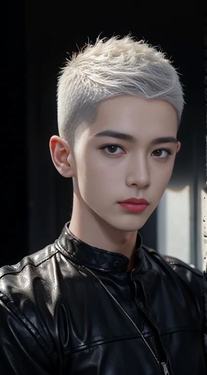 (8k, RAW Photos, highest quality,High resolution, masterpiece: 1.2). (Realistic, Realistic: 1.37),((Light on face:1.2)),((Cinema Lighting:1.2)),(Photorealism:1.4),(Real Image),(Photographic images),20-year-old,((Japanese)),(male:1.5), (High Top Fade:1.6), Dark Theme, Calm tone, Calm colors, High Contrast, (Natural skin texture, Hyperrealism, Soft Light, sharp),(Black suit)