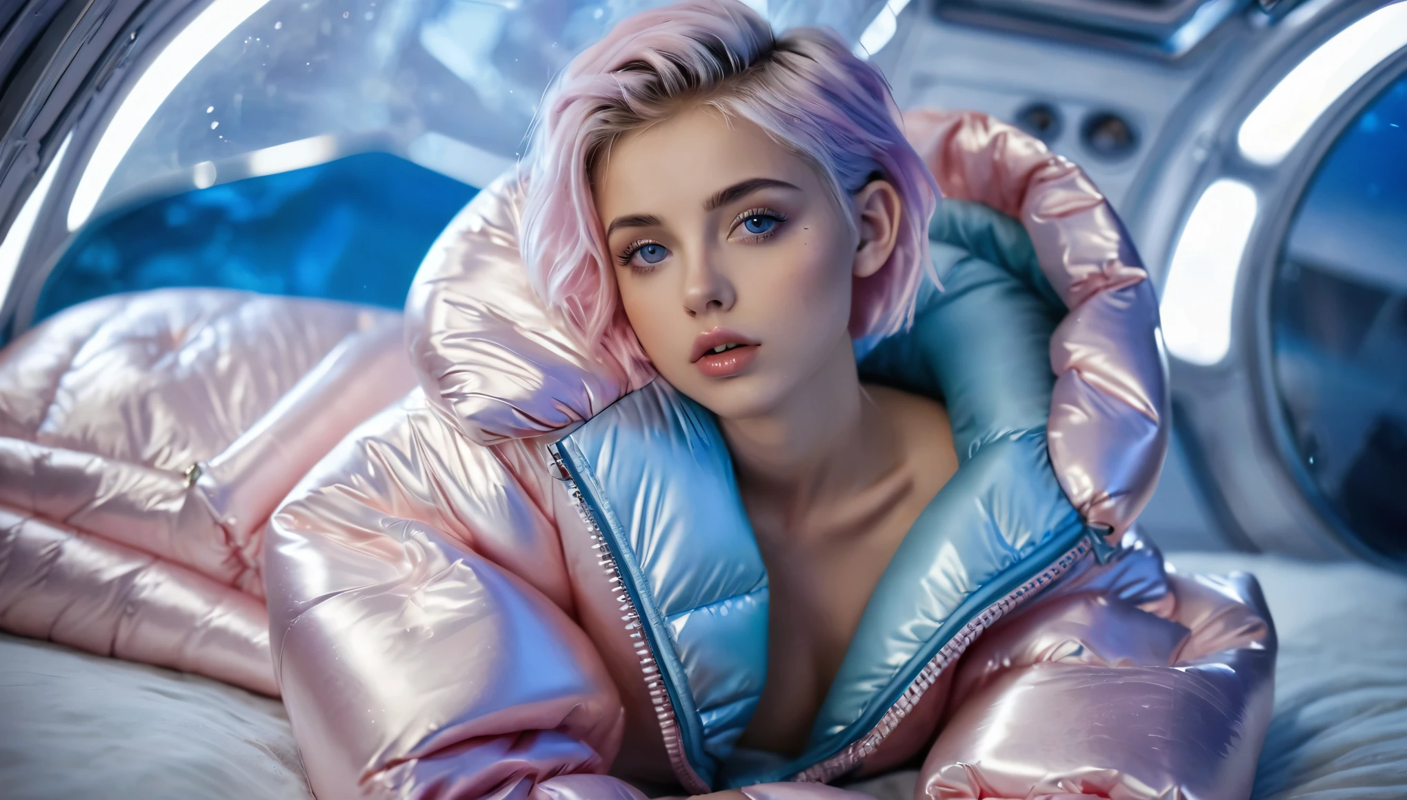 (8K, Raw photography, top-quality, ​masterpiece :1.3), (cute girl in a light pink blue open shiny puffer with short sleeves :1.3), (small perky breasts, extremely detailed face, beautiful detailed eyes, beautiful detailed lips :1.3), (posing anxiously on the bed in a spaceship :1.3) (pixie side shaved hair :1.3), (small perky breasts :1.3)