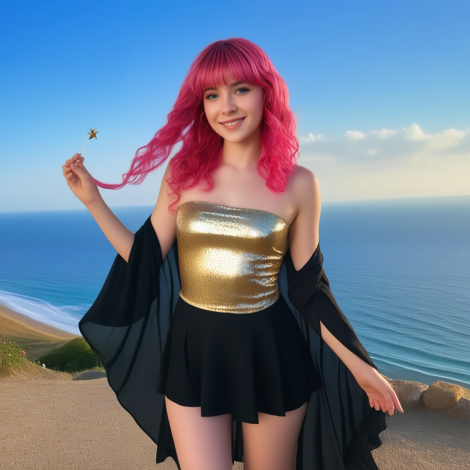 1 girl, (iridescent hair, colorful hair, half blue and half pink hair: 1.2), , blue_sky, holding a magic wand, summer (season), petals_on_liquid, black cloak with hood, red and black torn dress, skirt: 1.2, (gold long curly hair: 1.5), sky, outdoor, clouds, bangs, smile, sky blue eyes, bare shoulders, perfect hands, Hand details, repaired fingers. Earrings, sea + background, looking_at_viewer, cowboy shot, top quality, rich detail, perfect image quality, sunrise