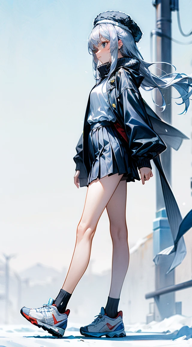Winter,16 years old,Pure,thin,thin legs,thin弱,Waist revealing shirt,Waistless sweater,coat,Pleated skirt,Bare legs,White socks,sports shoes,hat,Silver long hair shawl,whole body,