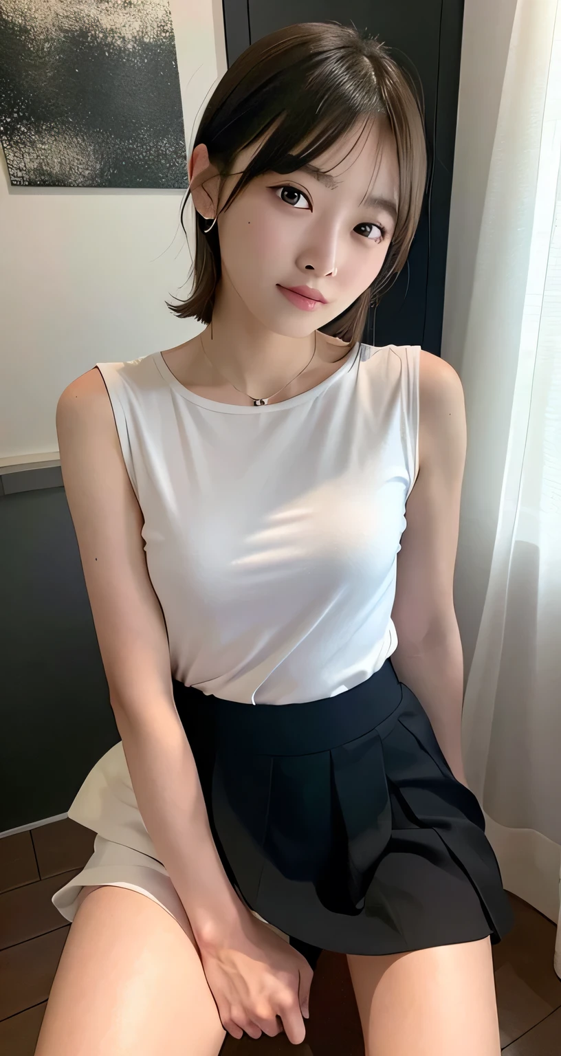 top-quality、Super Detail、body turned sideways、Looks Back、Tight shirt、tight skirts、a short skirt、You can see up to the feet、skinny thigh、perfect hand、perfect foot、Perfect body、Sexy Shots, Photorealsitic, 8K、The lateral chest is visible、no-bra、Ordinary chest、Beautiful body lines、being thin、shorth hair、Skin revealing,14 years old