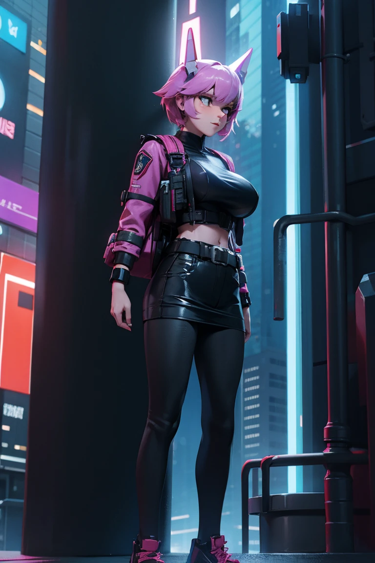 A girl in a tights backpack cyberpunk futuristic city street, Neon, Skyscraper animation style character design big breasts expansion 3d