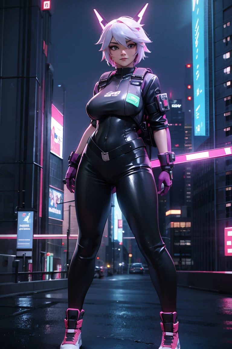 A girl in a tights backpack cyberpunk futuristic city street, Neon, Skyscraper animation style character design big breasts expansion 3d