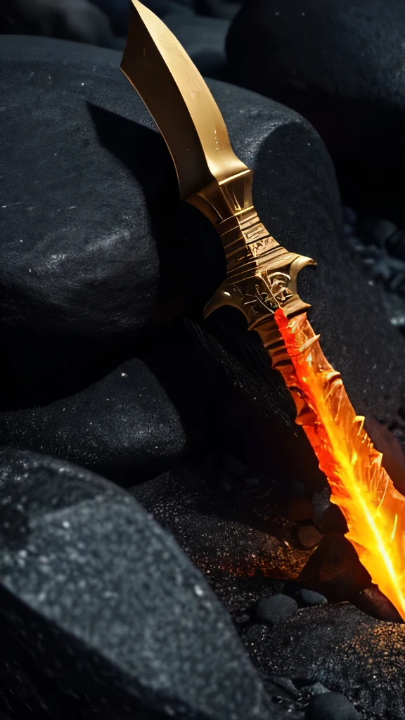A dagger made of lava placed on rocks 