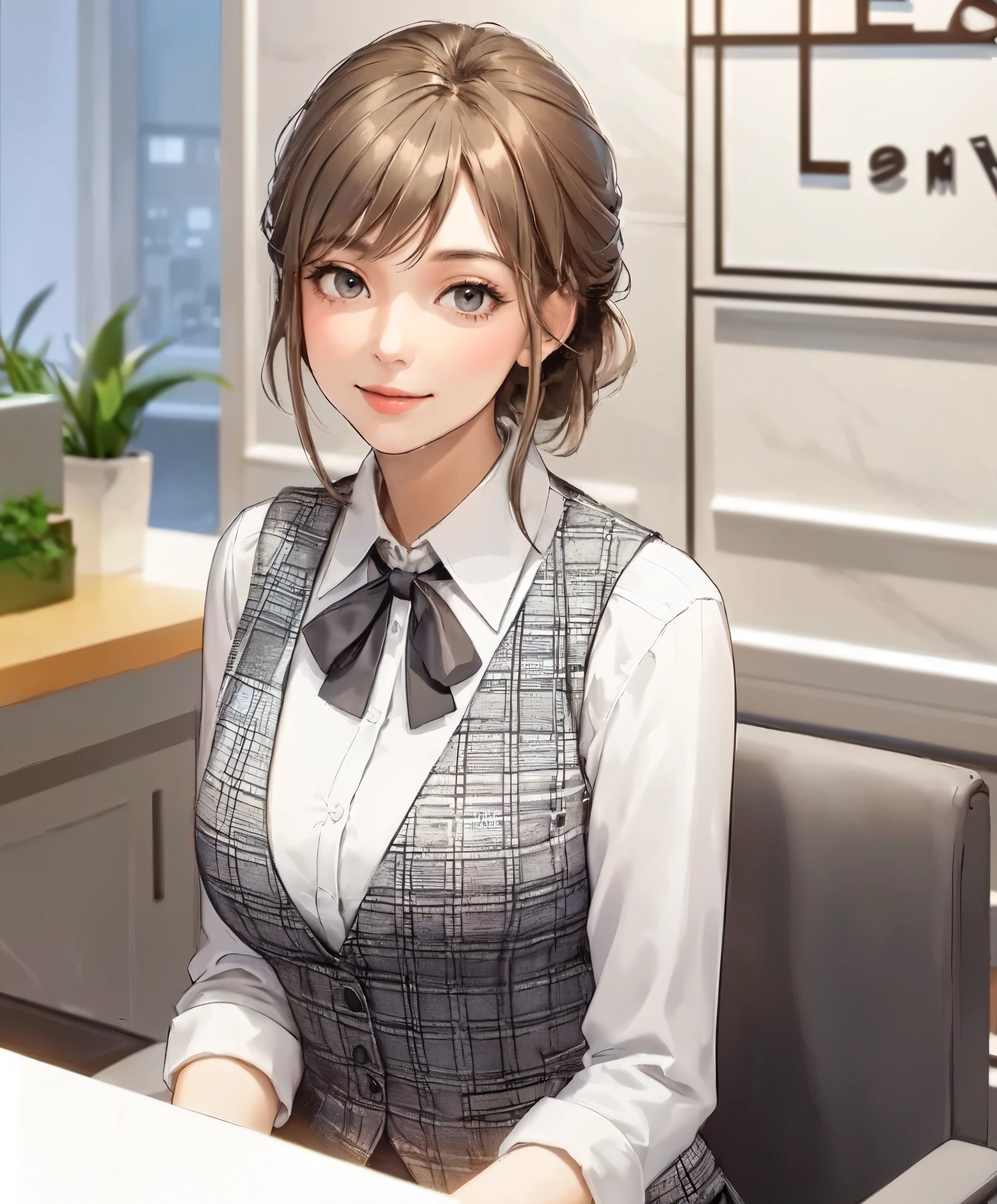 1lady solo, sitting, (looking up) (from above), office worker, ((vest with white and gray checks:1.1) over white dress shirt), mature female, /(dark beige hair/), kind smile, (masterpiece best quality:1.2) delicate illustration ultra-detailed, large breasts, bowtie BREAK (modern office) indoors, (reception desk), (stylish company logo on wall) , detailed background