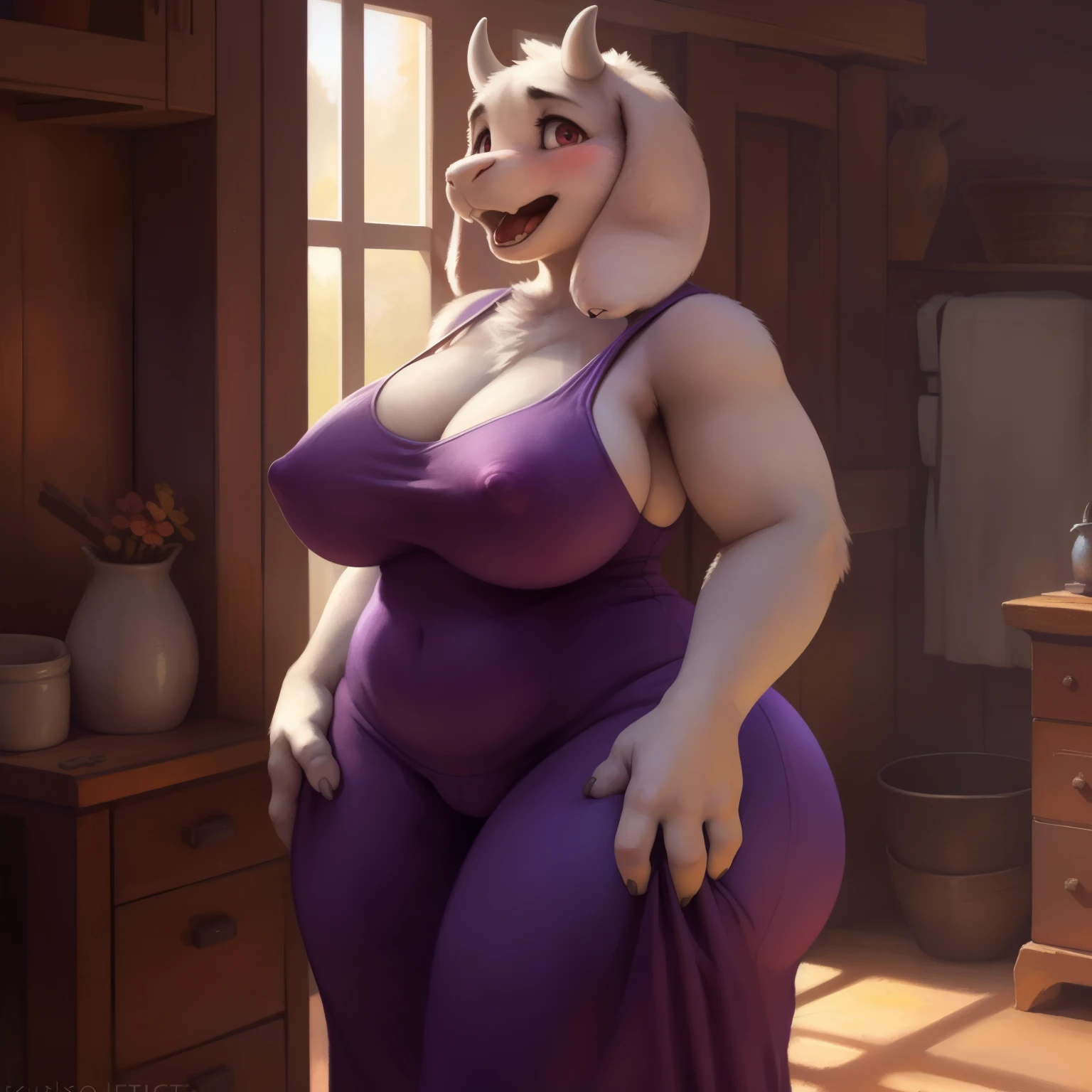 [toriel], [Undertale], [Uploaded to e621.net; (Pixelsketcher), (wamudraws), (woolrool)], ((masterpiece)), ((HD)), ((high quality)), ((solo portrait)), (big behind), ((butt visible)), ((feet visible)), ((furry; anthro)), ((detailed fur)), ((detailed shading)), ((beautiful render art)), ((intricate details)), beautiful, (cute),  mature, {anthro goat; white fur, white nose, (cute maroon eyes), (short eyelashes), (short horn), short fluffy tail, (big booty), (gorgeous wide hips), (thick thighs), (kenket), (showing ass), (open mouth, blush), (surprise), (frown)}, {(big tits, big breasts, big boobs), (dress, purple dress:1.2), (big butt), (white rune on chest)}, {(standing)), (free hands), (showing tight dress hugging ass), (looking at viewer)}, [background; (in her room), (nipple outlines under dress), (ambient lighting)], (big ass), (wide hips), (sfw slightly showing thong covered by dress), (thick thighs),  
