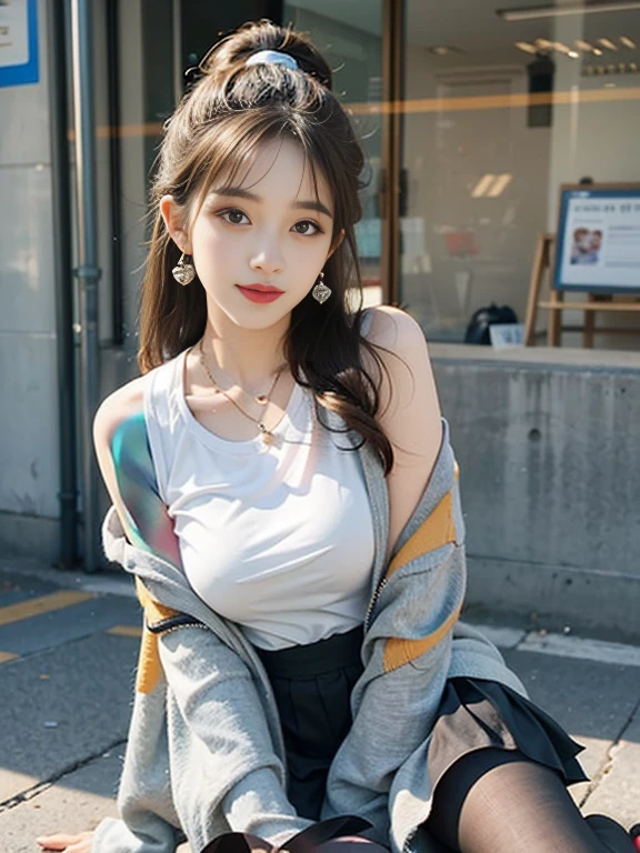Exquisite, masterpiece, Beautiful details, colorful, Subtle details, Delicate lips, Intricate details, Large Breasts, 1 female, (Beautiful 20 year old Korean woman: 1.1), (K-Pop Idols, Korean mixed race), (50mm Sigma f/1.4 ZEISS Lenses, F1.4, 1/800s, ISO100, photograph:1.1), (Go brunette: 1.2), (Realistic:1.4 ), (spy:1.2), (Open jacket,shirt, skirt,tie,Black Pantyhose,Christian Louboutin\(brand\),:1.3), Earrings, necklace, Arm band, (Shoulder strap, bar:1.2), (美foot, High Girl, skinny, slim_foot, thigh_gap, model:1.2), Lens flare, Viewed from the front, (Smile: 1.1), Dynamic pose, (compensate: 1.2), barスツールに座っている,