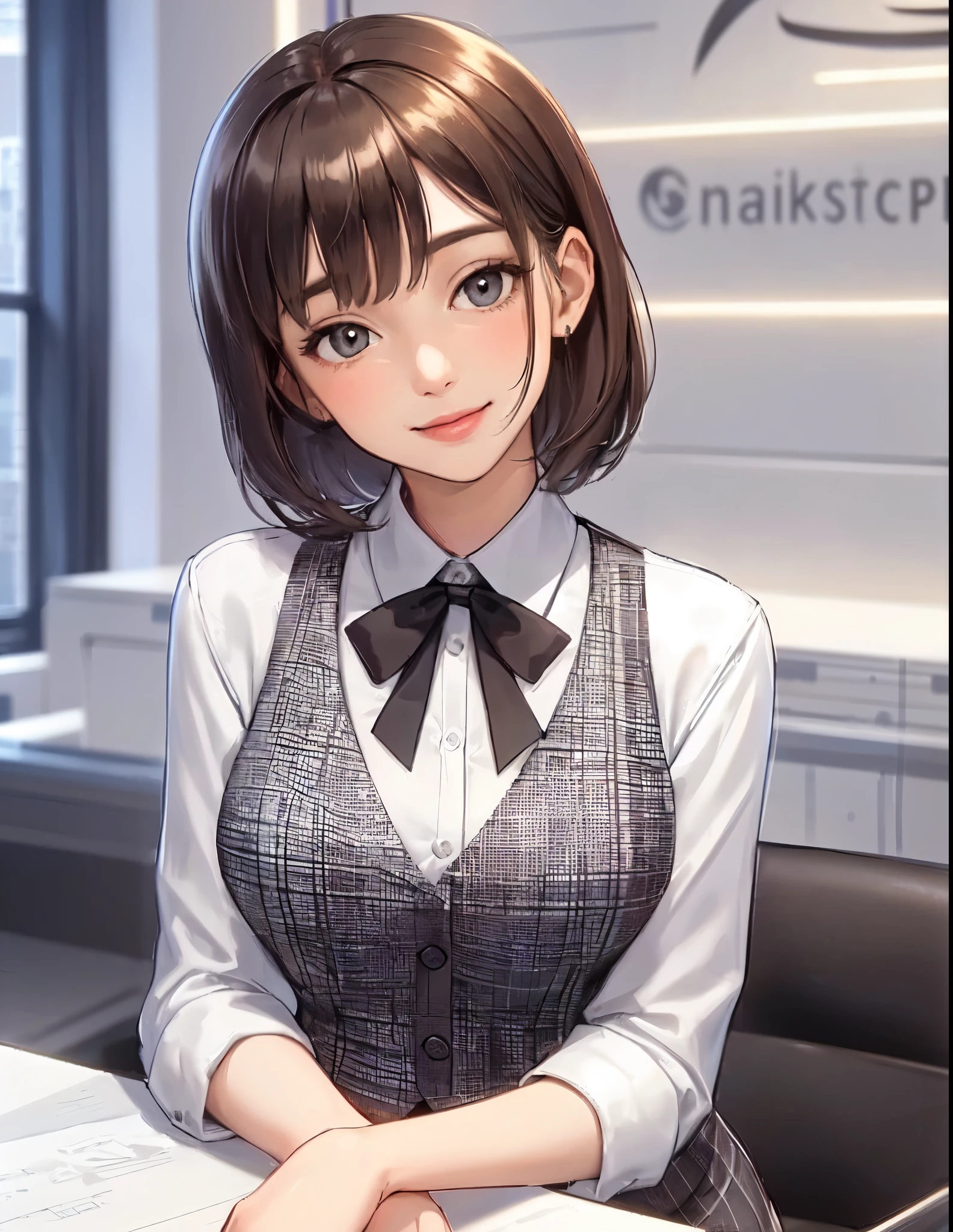 1lady solo, sitting, (looking up) (from above), office worker, ((vest with white and gray checks:1.1) over white dress shirt), mature female, /(dark brown hair/), kind smile, (masterpiece best quality:1.2) delicate illustration ultra-detailed, large breasts, bowtie BREAK (modern office) indoors, (reception desk), (stylish company logo on wall) , detailed background
