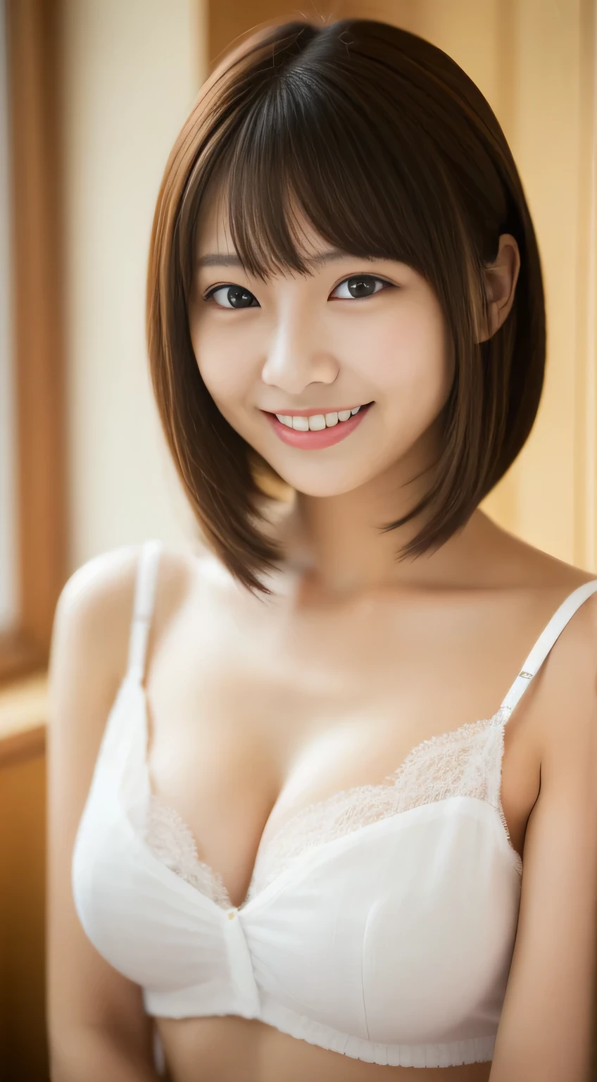 masterpiece,best quality,(Japanese ),((Beautiful girl)),cleavage,indoor,(perfect body beauty:1.2),(shy smile),beautiful teeth,