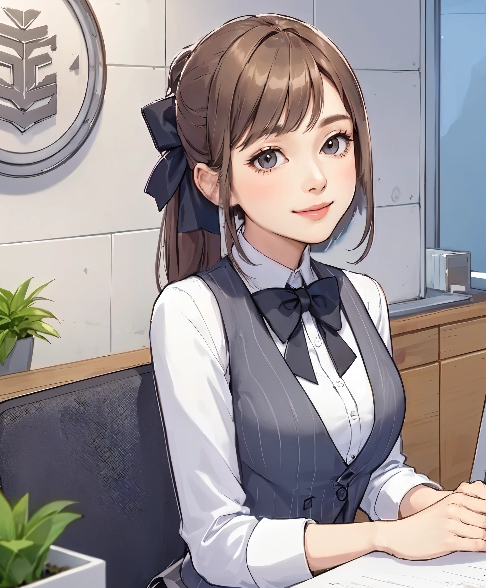 1lady solo, sitting, (looking up) (from above), office worker, ((dark gray vest:1.1) over white dress shirt), mature female, /(beige brown hair/), kind smile, (masterpiece best quality:1.2) delicate illustration ultra-detailed, large breasts, bowtie BREAK (modern office) indoors, (reception desk), (stylish company logo on wall) , detailed background