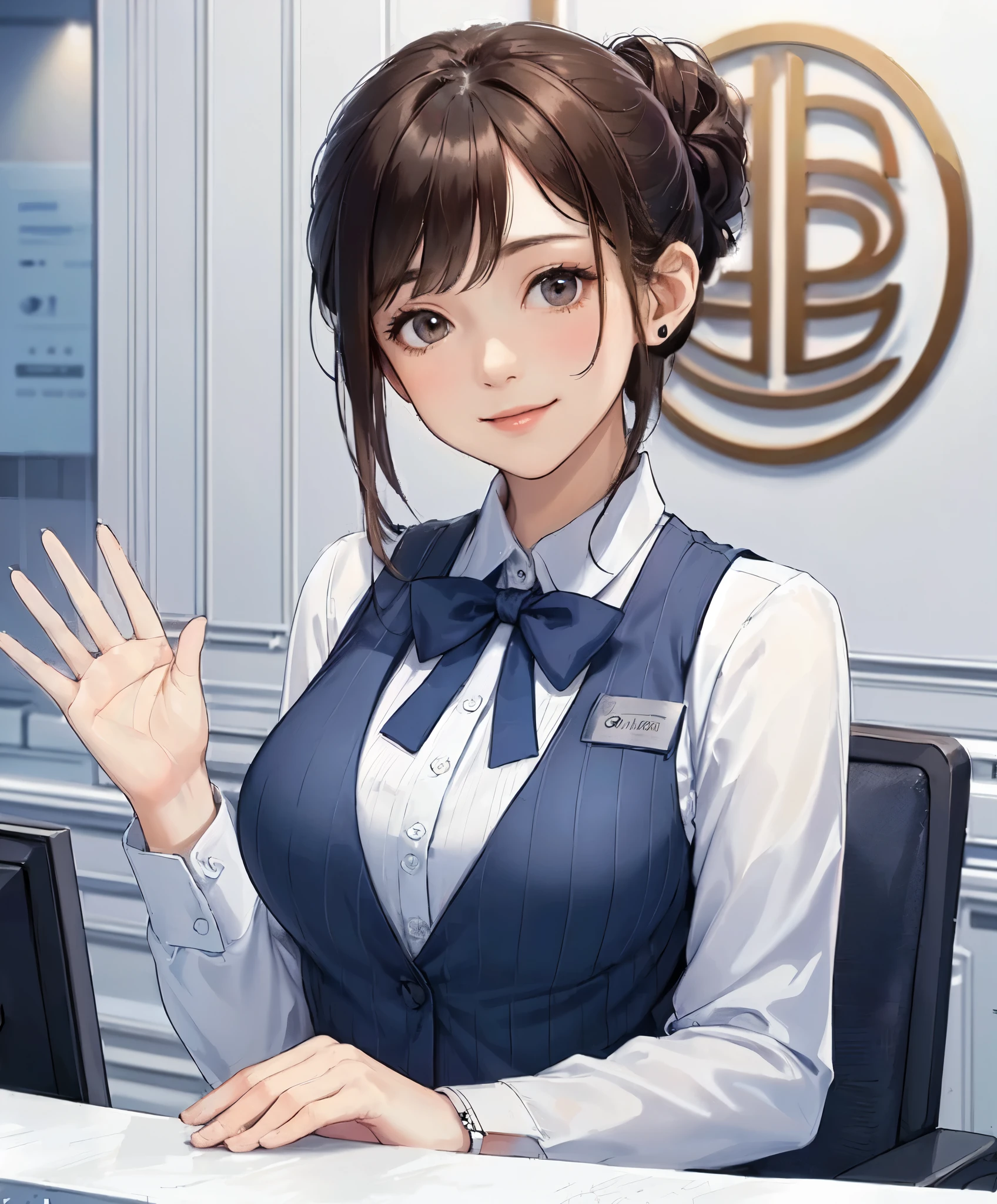 1lady solo, sitting, (looking up) (from above), office worker, ((navy vest:1.1) over white dress shirt), mature female, /(dark brown hair/), kind smile, (masterpiece best quality:1.2) delicate illustration ultra-detailed, large breasts, bowtie BREAK (modern office) indoors, (reception desk), (stylish company logo on wall) , detailed background