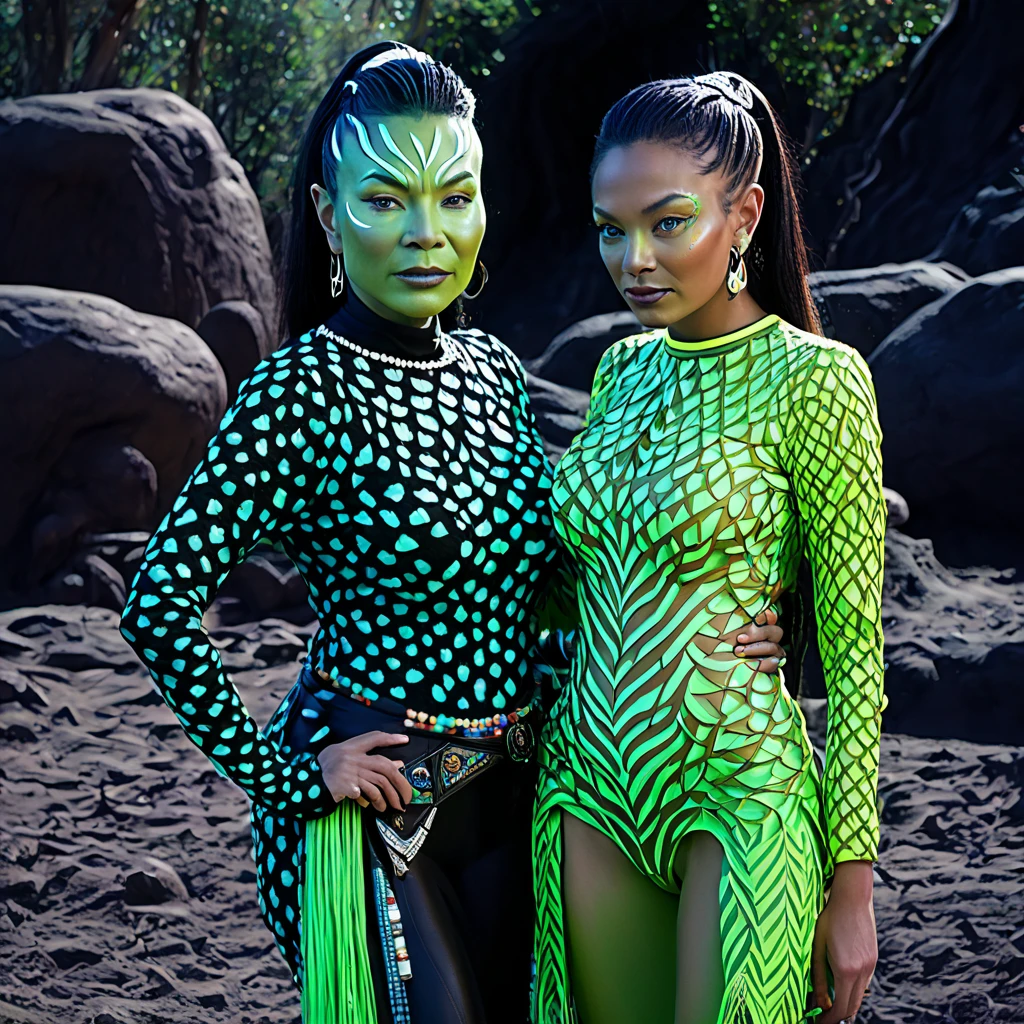 (60s star trek)(best quality,4k,8k,highres,masterpiece:1.2),ultra-detailed,(realistic,photorealistic,photo-realistic:1.37),full body portrait of beautiful alien (light green skin, small cute antenna) native tribal woman in alien primitive village,(embracing captain James T. Kirk of the USS Enterprise, she is asking him to teach her what love is)(ornate beaded head piece, colorful tribal belt, unclad, some tribal tattooing and phosphorescent body paint, confidence, big natural breast), backed up by (several women, varied prettiness, varied bust size, varied height and weight, varied bust size, less ornately dressed (they back up dance and play alien musical instruments) (vivid colors, outdoors, green pastures). (head to toe, show all of her) (safe for work, 1960s television sensibility)