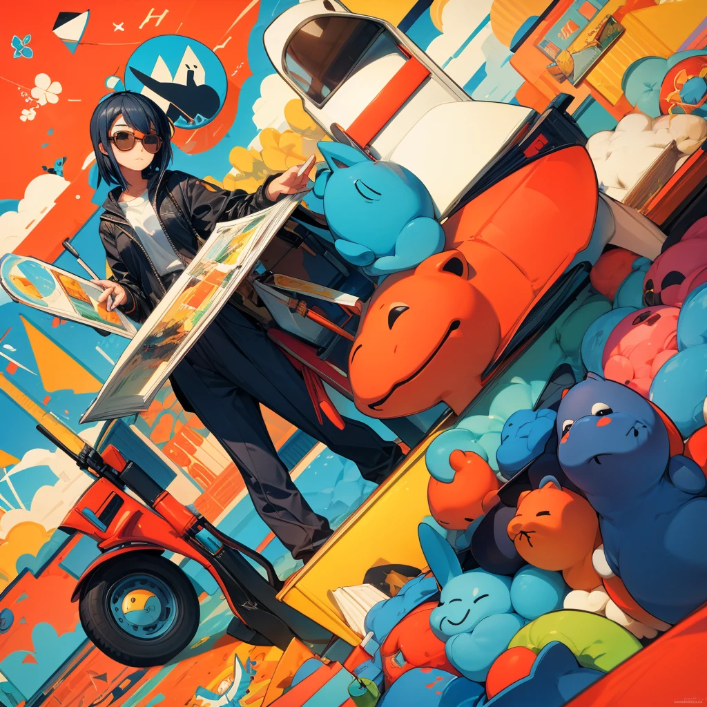 Minimalist Taiwanese style graphics,cool Capybara with sunglasses,Capybara,full Capybara visible,figure,Very detailed,Vibrant colors,Sharp focus,Playful,Detailed sunglasses,Stylish sunglasses,Cute expression,Chilled,Casual Background,Stylized art,Unique Design,Relaxed atmosphere,Subtle shading,Pop Art Style,Flattened Perspective,geometric shapes,Stylized proportions,Abstract elements,Colorful palette,Lighting Effects