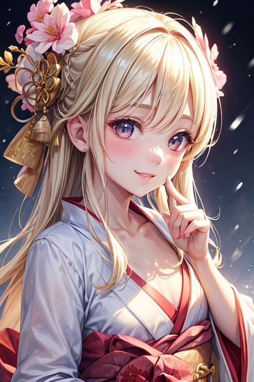 Very detailed CG Unity 8K wallpaper, Cute One Girl, Mature blonde girl, half updo,beautiful  Girl, hot maiden, pale skin (Super masterpiece, Beautiful person, well detailed face polluted smile,   flat chest is hidden by kimono、Photorealistic, hyper realisitic), Colorful winter kimono in gold and white colors 、has white fur、 Japanese Style Hair Accessories,  (Light Lighting)、smile,Upper body 、Japanese background with pink flowers and snow