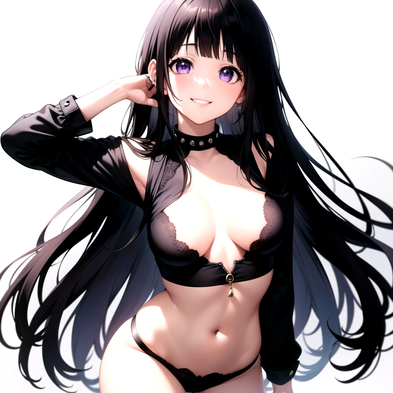 (A superb exquisite Chitanda Eru), (mature face), intricate details, (finely detailed beautiful eyes: 1.2), purple eyes, long black hair, natural straight hair, straight bangs, solo, [Small_breasts: large_breasts: 0.5], extremely delicate, peerless beautiful girl, dreamy quality, solid color, bright lips, slender waist, straight curves, soft lights and shadows, super fine, 8K HD, (masterpiece:1.4), (((sexy smile, punk clothes, idol, rock, white background)))