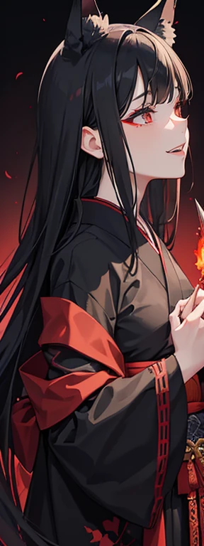 A girl with black fox-ears, face scars and morbid bloodless-face. She is wearing black Japanese-kimono and holding 匕首 the knife. She is eerily laughing, insanity. Blood-moon, Scarlet celestials, Groves at night, Dark atmosphere, Gloomy, Profile