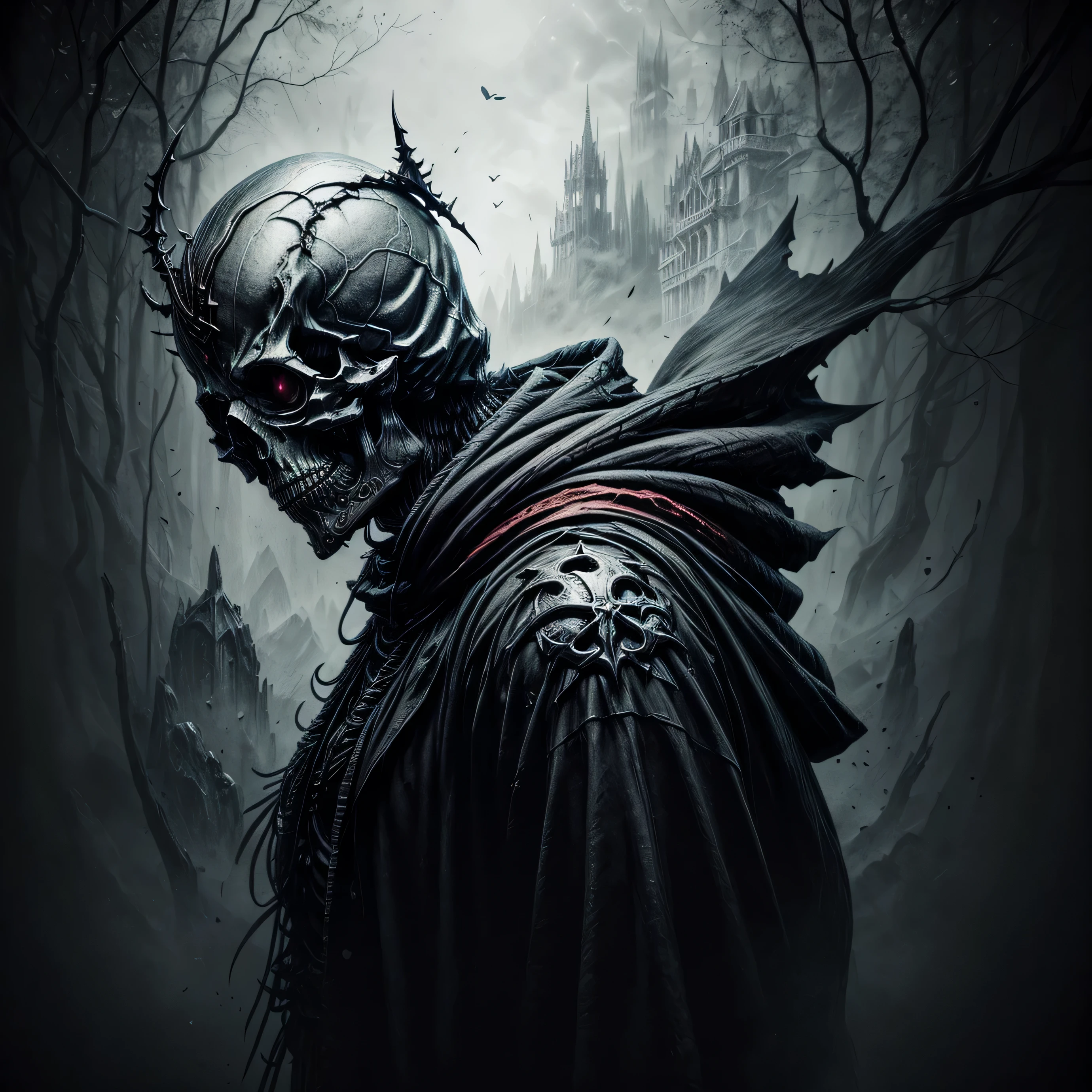 symbol. a skull with a hoode, digital art by Bertalan Karlovszky, zbrush central contest winner, fantasy horror skull, skeleton king, red pupil, dark but detailed digital art, highly detailed dark art, skeleton warrior, the king of death, skeleton knight, undead skeleton king, skull like, 8k high quality detailed art, higher, gothic art, three sided view, Conceptual art, depth of field, reflection light, super detail, best quality, 8k