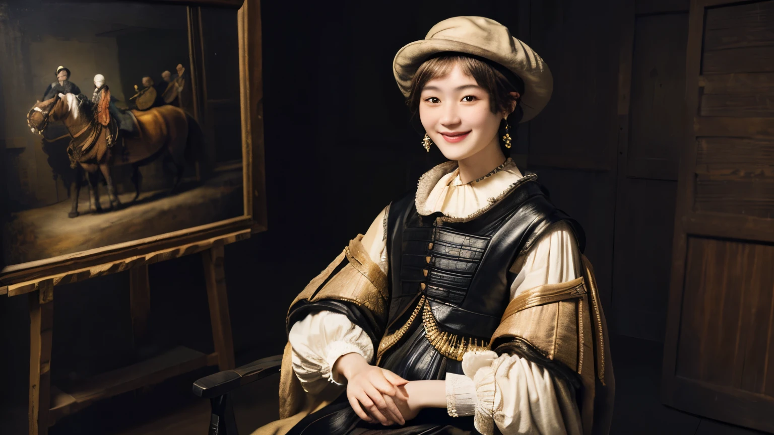 220 Short Hair, 20-year-old woman, A kind smile, (Luxurious stables), (Rembrandt-style painting)