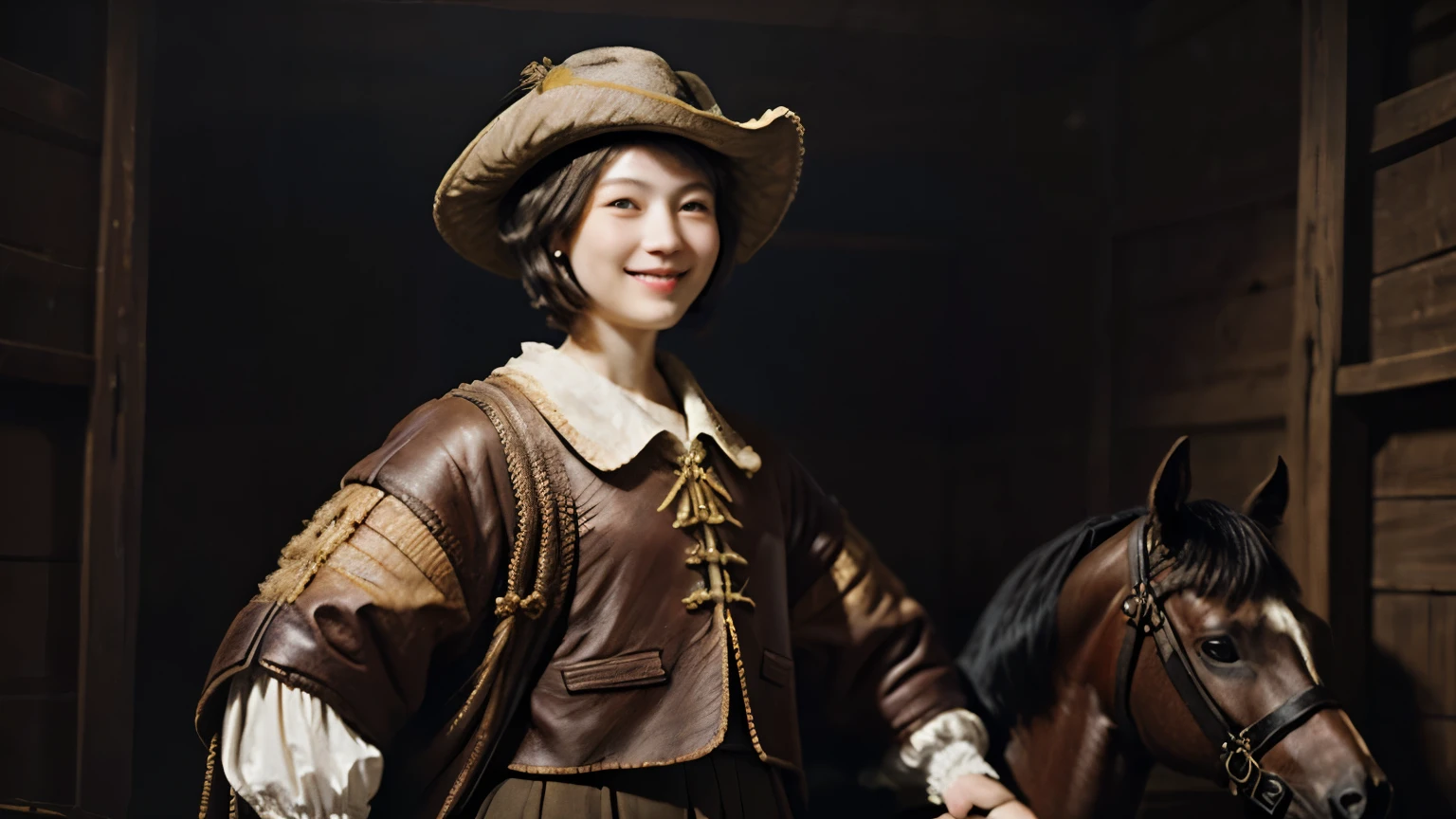 220 Short Hair, 20-year-old woman, A kind smile, (Luxurious stables), (Rembrandt-style painting)