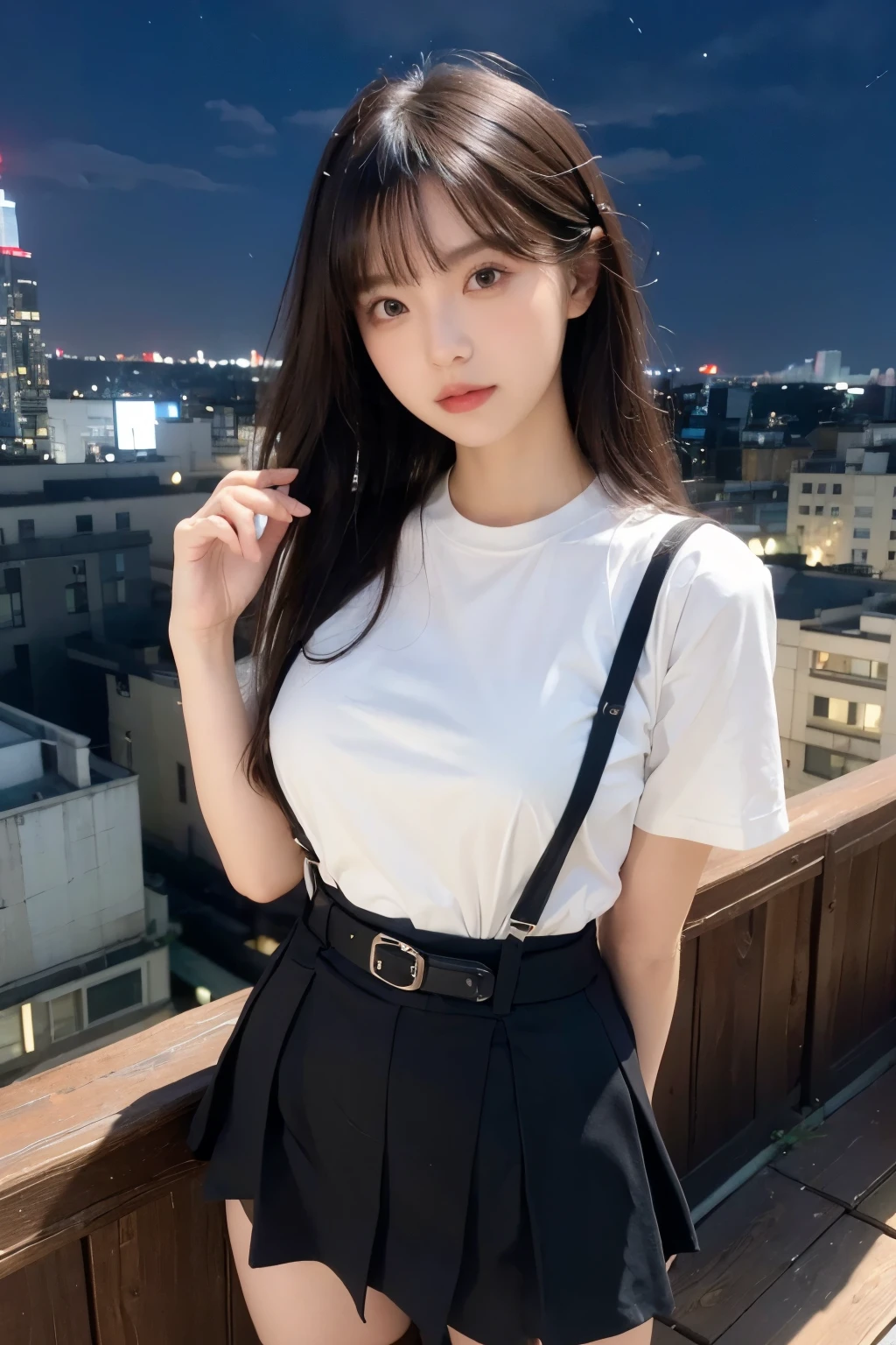 ((Midnight, highest quality, 8k, masterpiece :1.3)), whole body, Long legs, Sharp focus :1.2, Beautiful woman with perfect figure :1.4, Slim Abs :1.1, ((Dark brown hair, Big Breasts :1.2)), (White tight T-shirt, Jean Bib, Are standing:1.2), ((Night city view, rooftop:1.3)), Very detailedな顔と肌の質感, Fine grain, Double eyelids one girl,highest quality,masterpiece,figure,Very delicate and beautiful,CG,Unity,8k wallpaper,wonderful,In detail,masterpiece,Official Art,Very detailed CG Unity 8k wallpaper,Incredibly absurd,Large file size,Very detailedな,High resolution,Very detailed,Beautiful detailed girl,Realistic,from the front,Outdoor,　suspenders　　　Large swollen breasts　　 　 　　　　Black mini skirt　garter belt　Knee-high socks　　　　　　　bangs 　　　　　Beauty　　Hands up　　 　　Black boots 　　　　one person 　　　Dress shirt　　　Hands Behind Back　put your hands behind your back　　With your hands behind your back　Armament　holster　　A room at the Belt Hotel　Bed　Wall side