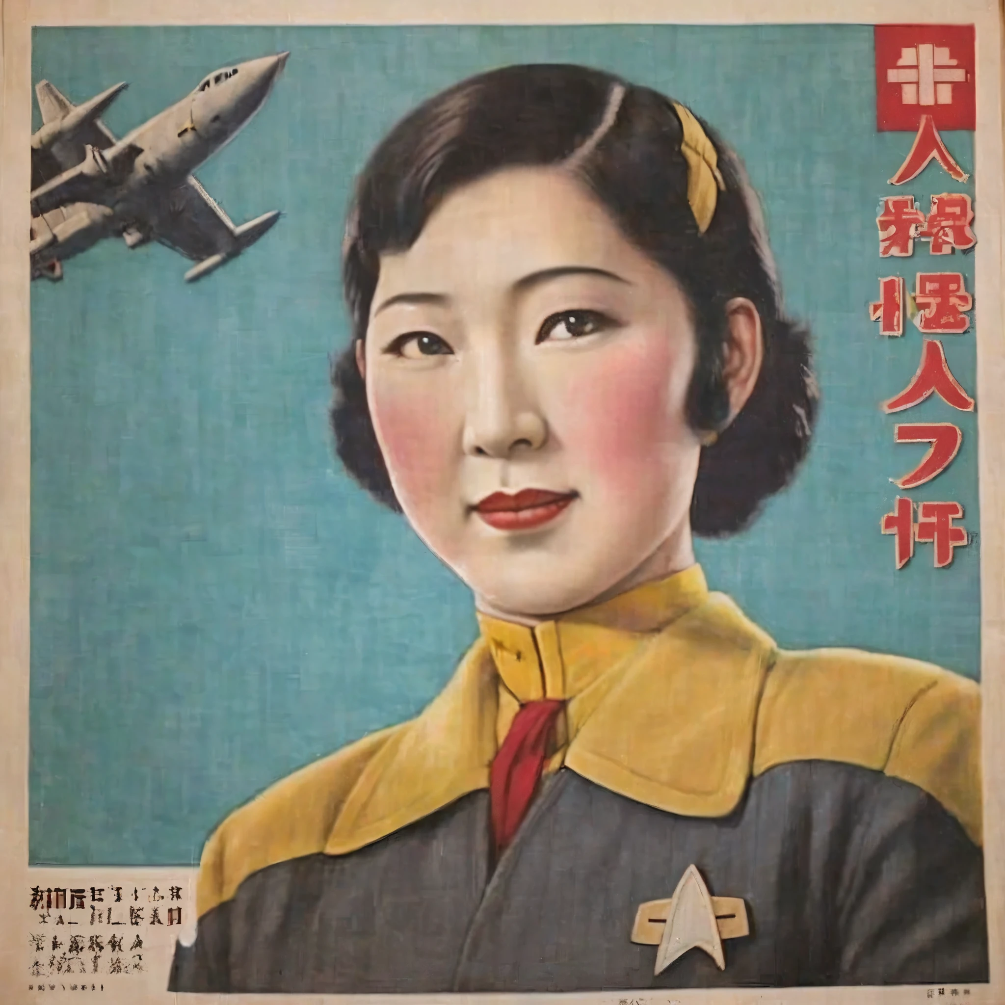 A photorealistic representation of a 1930s Japanese propaganda poster featuring an jpanese female in black and grey ds9st uniform
red collar
yellow collar
teal collar aboard a starship