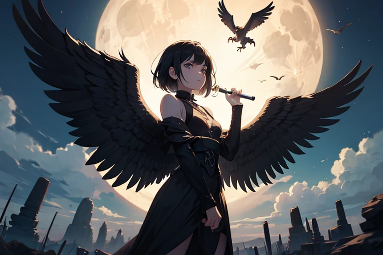 A girl with wings, Vulture-wings on her back. She is looking for her prey, Holding an evil bone-wand, Hunting lives in badlands. Midnight, Full moon, Dark, Shadowy, Evil, Eery atmosphere