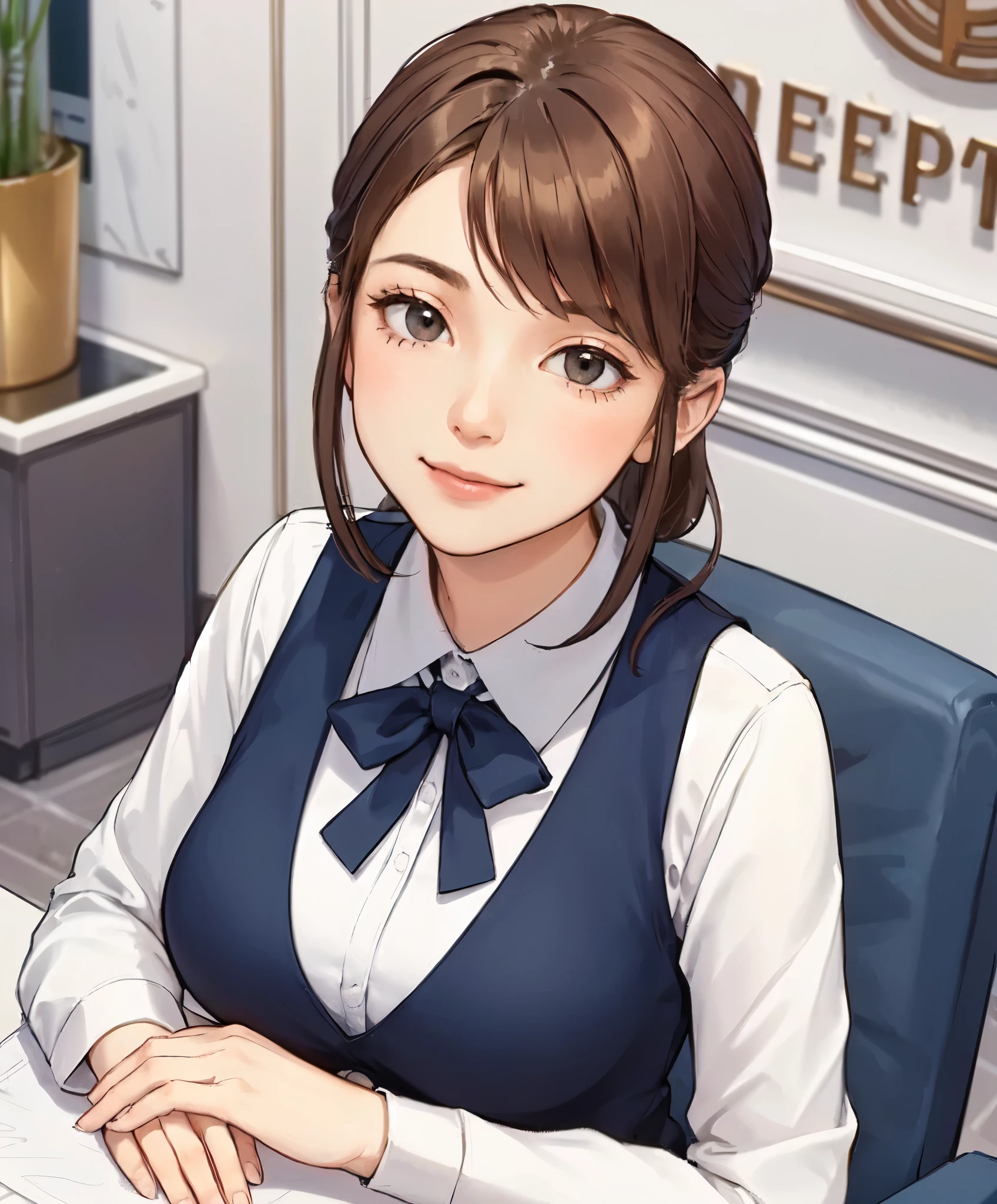 1lady solo, sitting, (looking up) (from above), office worker, ((navy vest:1.1) over white dress shirt), mature female, /(brown hair/), kind smile, (masterpiece best quality:1.2) delicate illustration ultra-detailed, large breasts, bowtie BREAK (modern office) indoors, (reception desk), (stylish company logo on wall) , detailed background